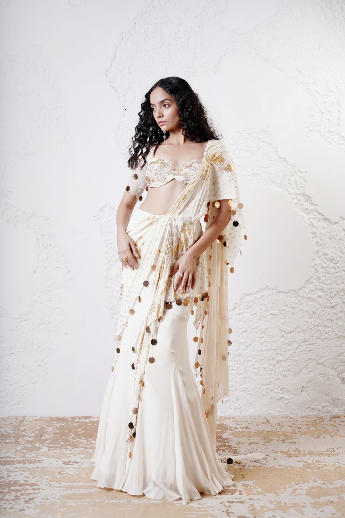 Foil Draped Saree with Ruched Blouse