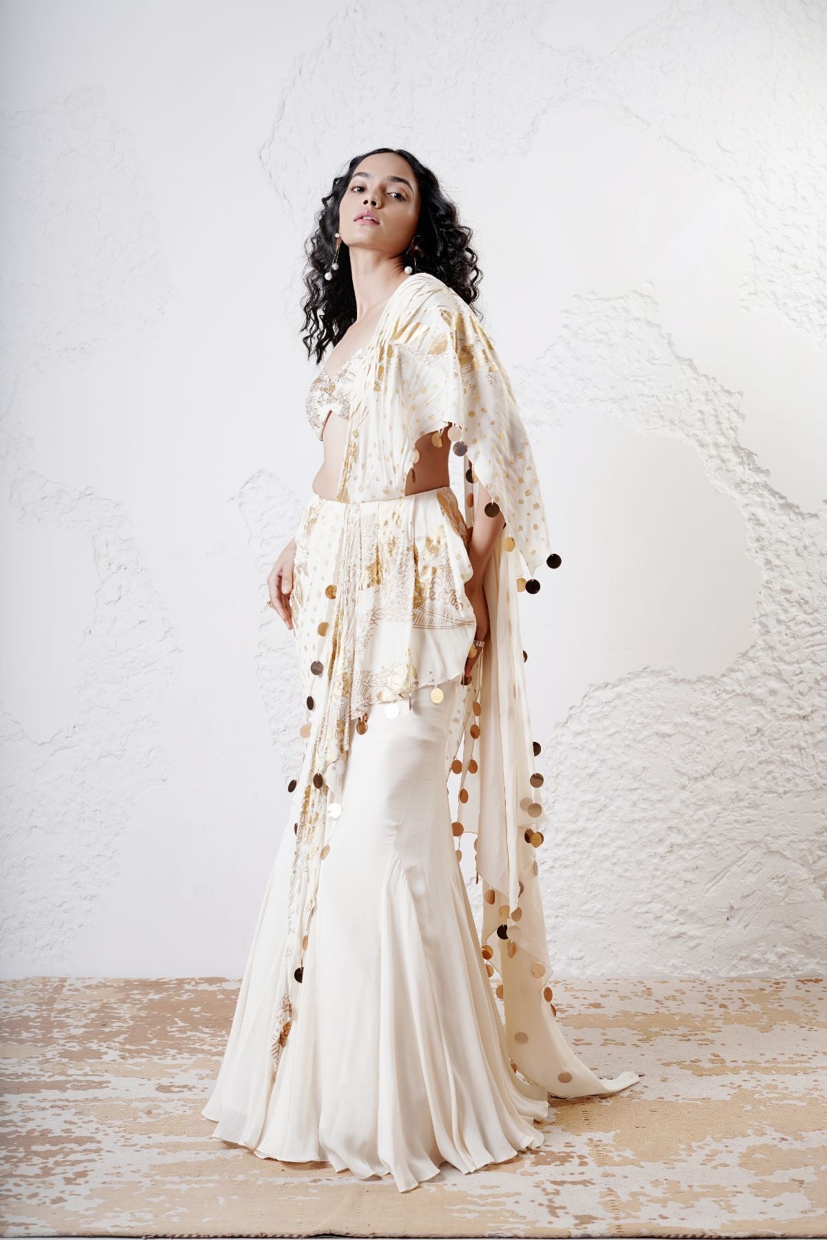 Foil Draped Saree with Ruched Blouse