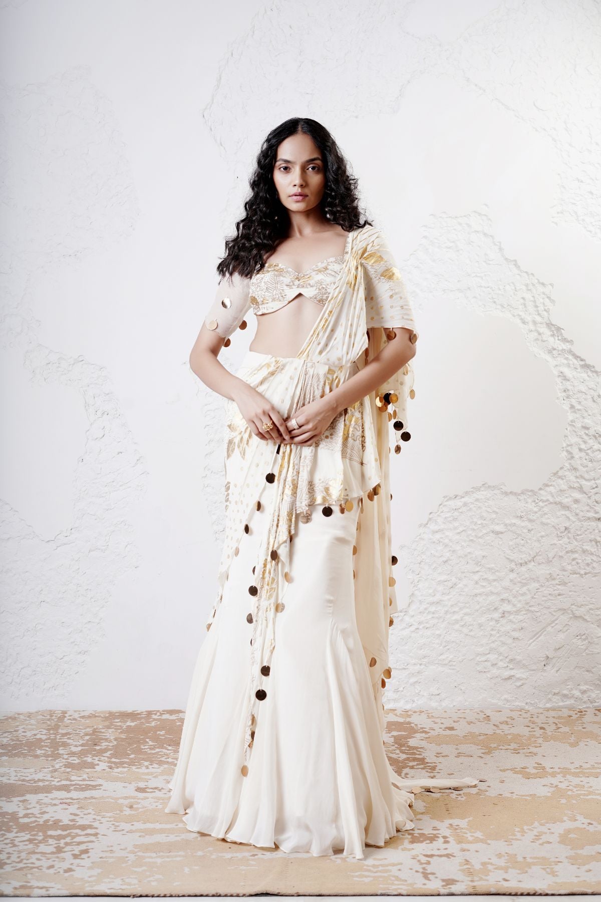 Foil Draped Saree with Ruched Blouse