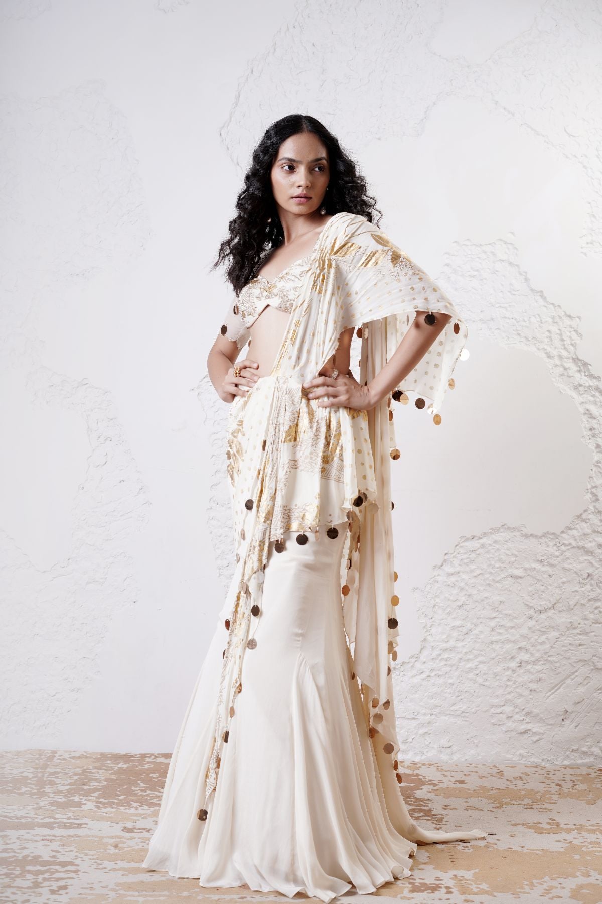 Foil Draped Saree with Ruched Blouse