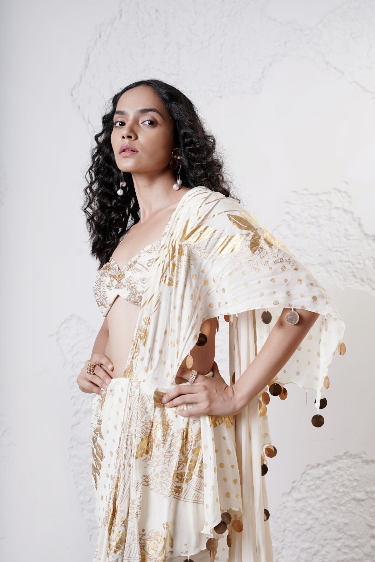 Foil Draped Saree with Ruched Blouse