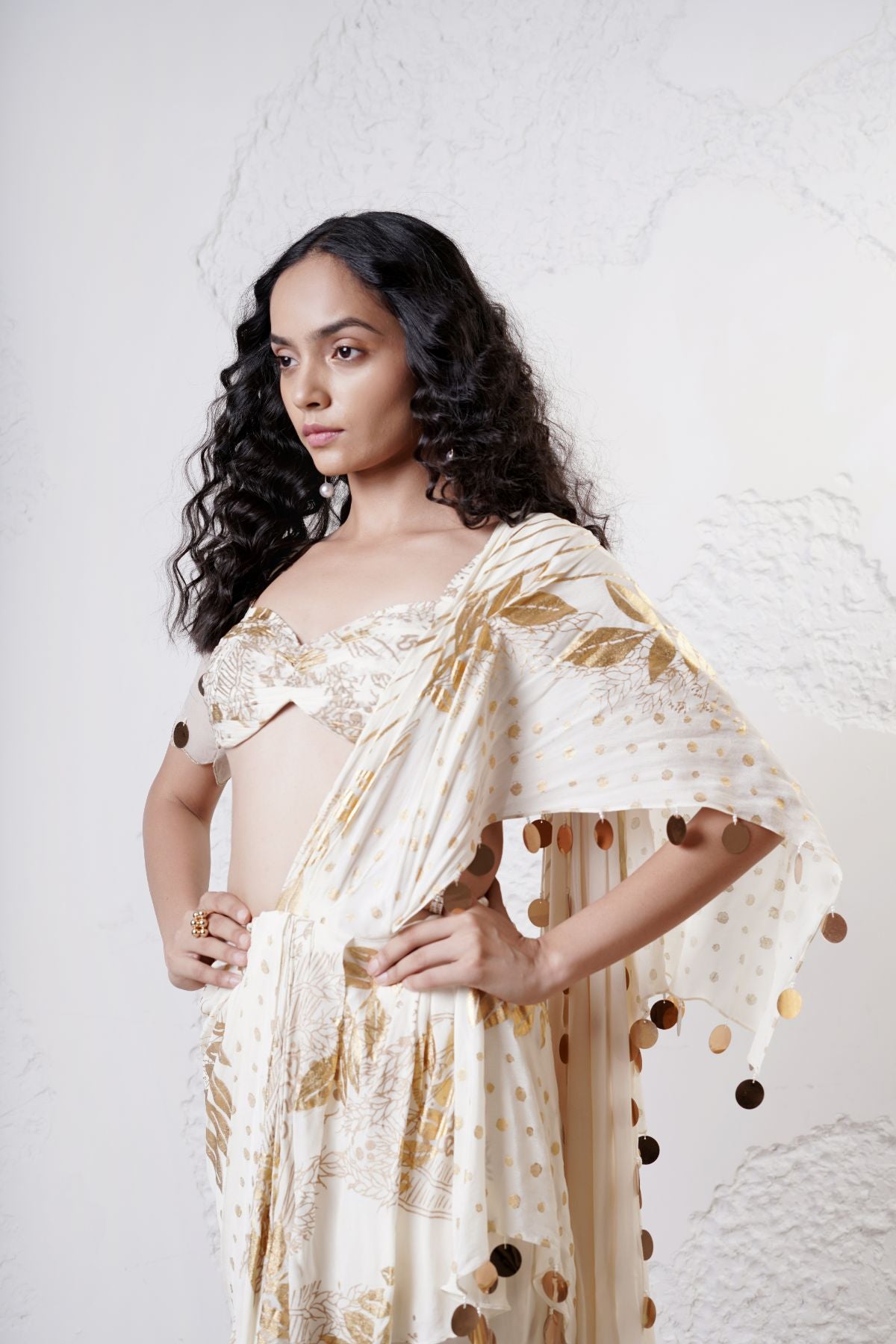 Foil Draped Saree with Ruched Blouse