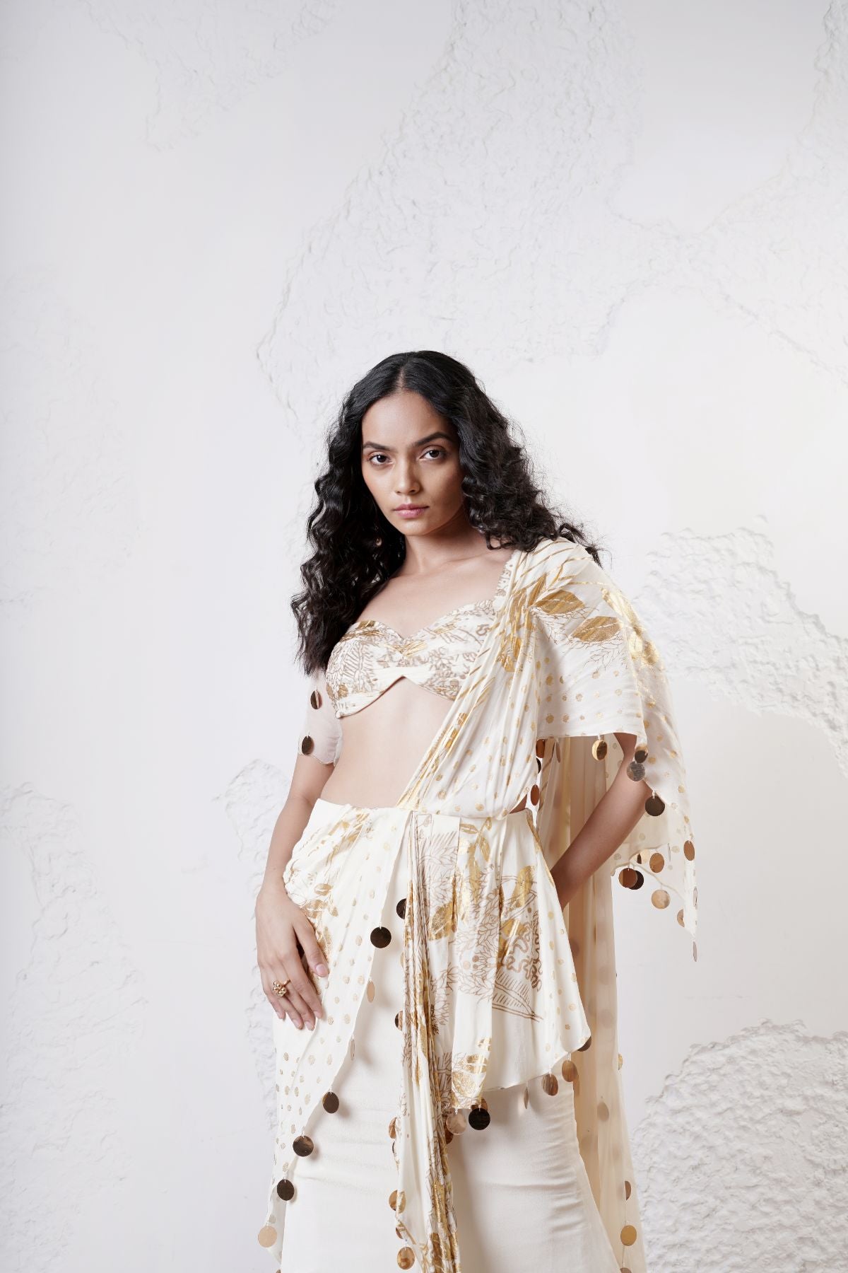 Foil Draped Saree with Ruched Blouse