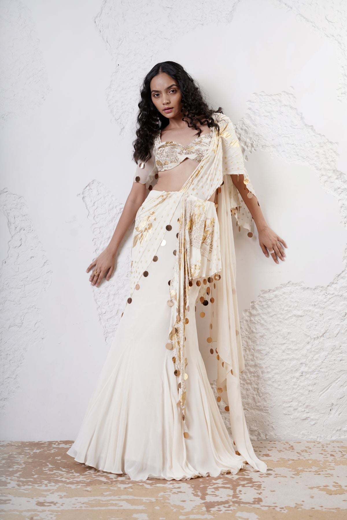 Foil Draped Saree with Ruched Blouse