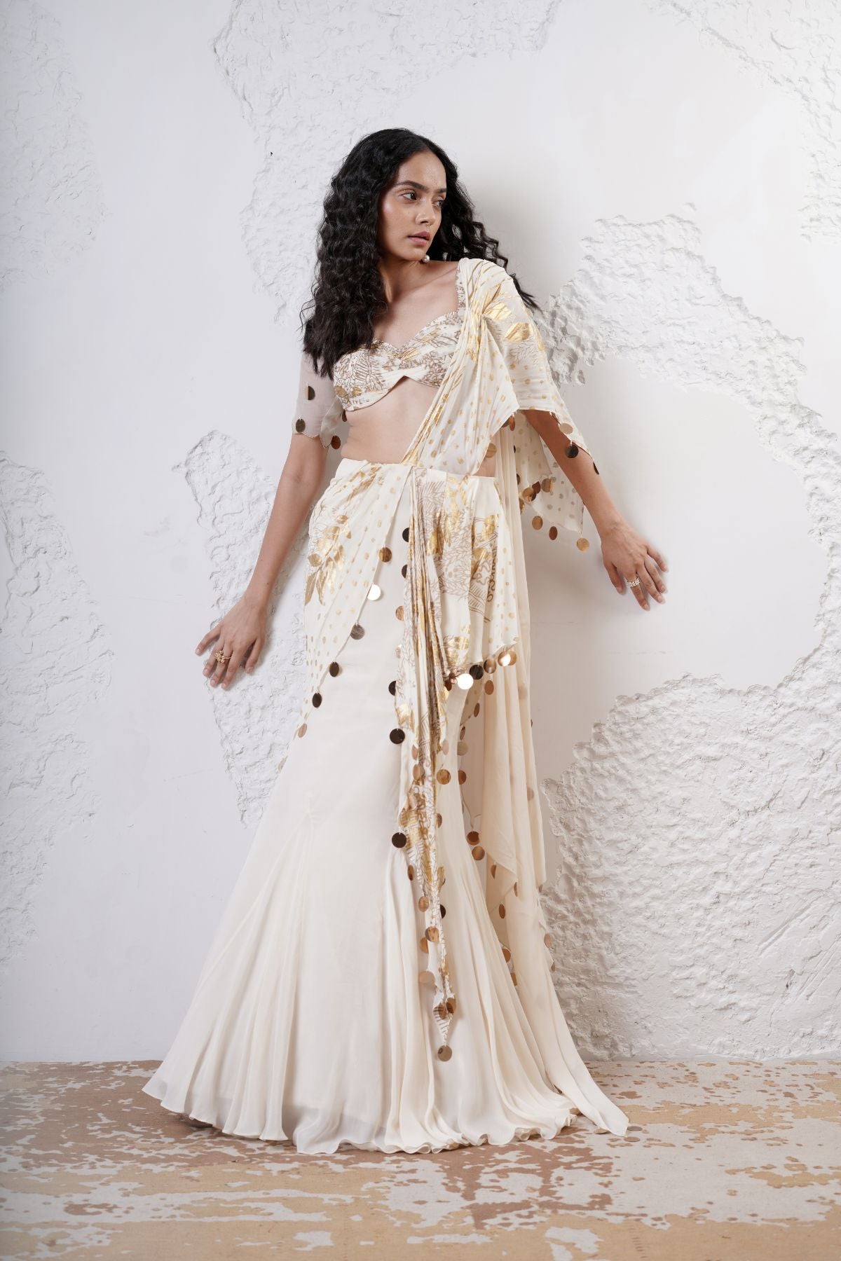 Foil Draped Saree with Ruched Blouse