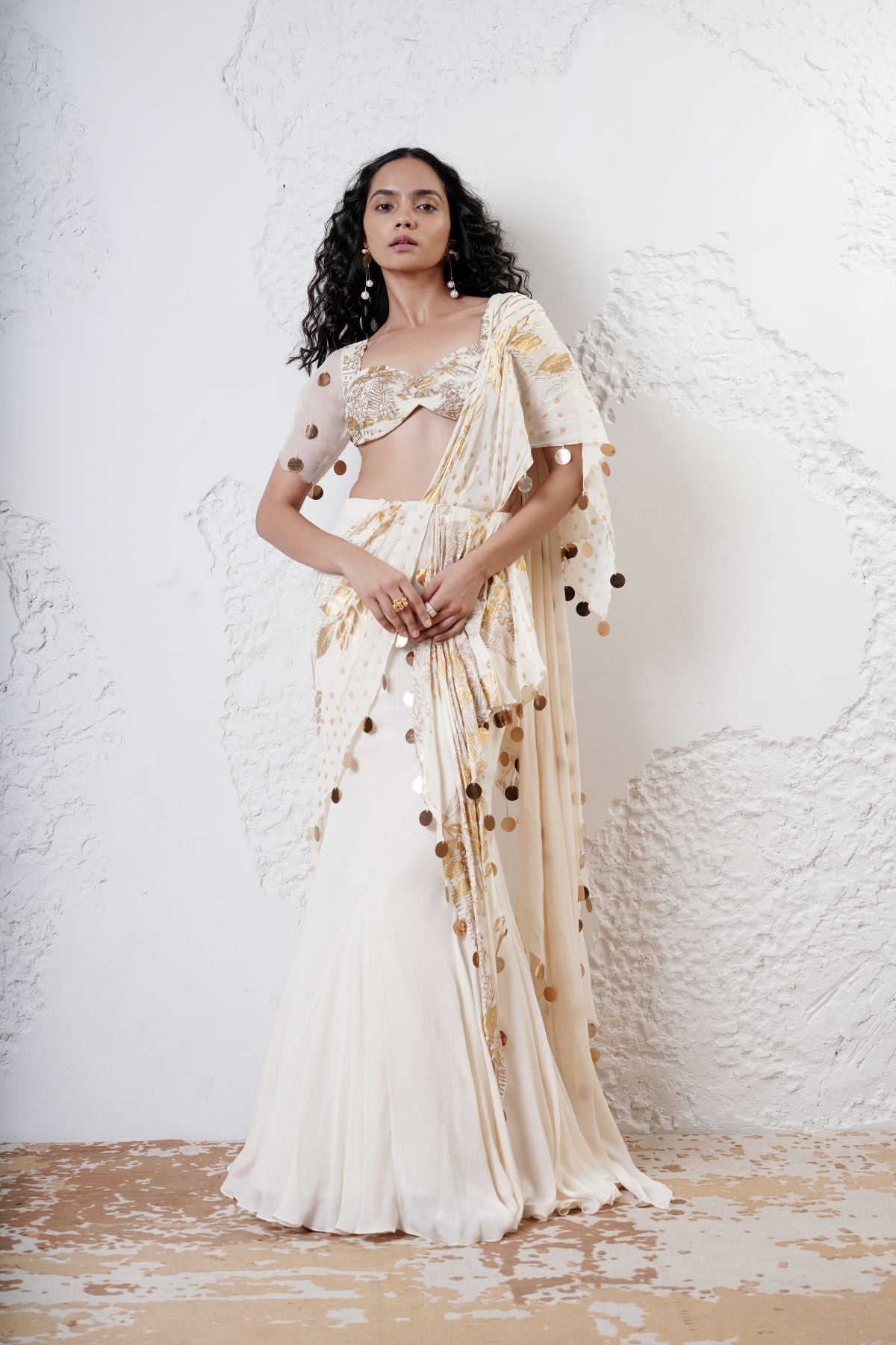 Foil Draped Saree with Ruched Blouse