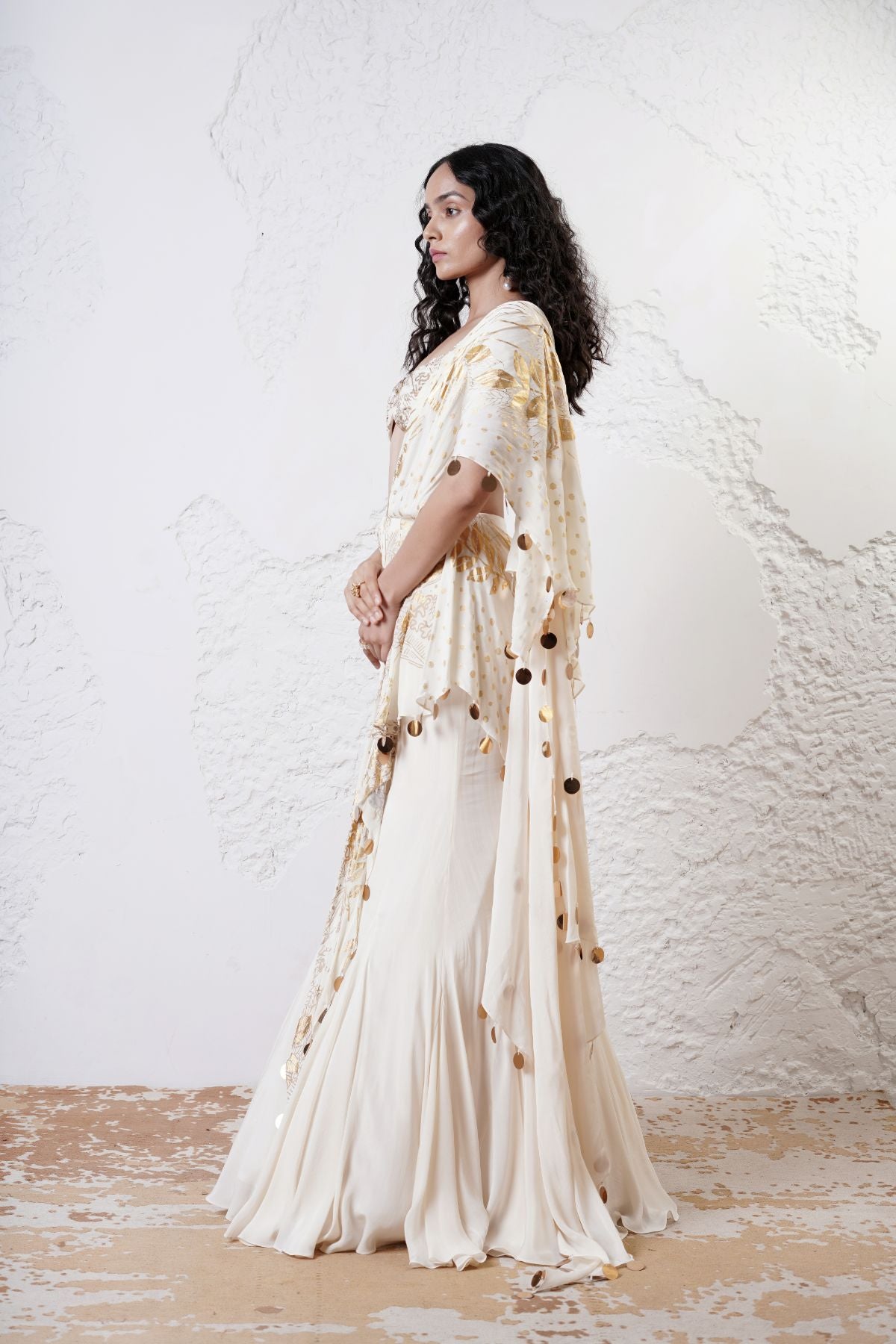 Foil Draped Saree with Ruched Blouse