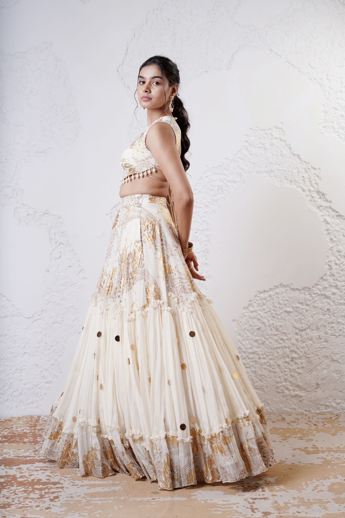 Tiered Wave Lehenga with Incut Blouse and Foil Dupatta