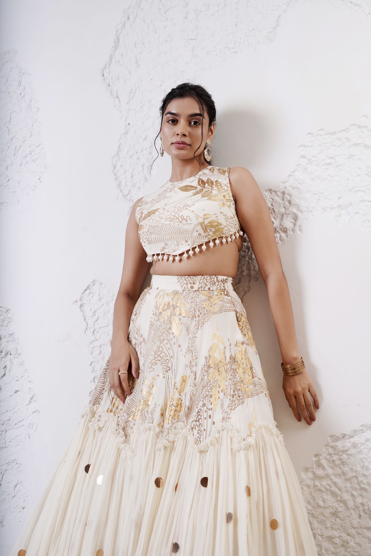 Tiered Wave Lehenga with Incut Blouse and Foil Dupatta