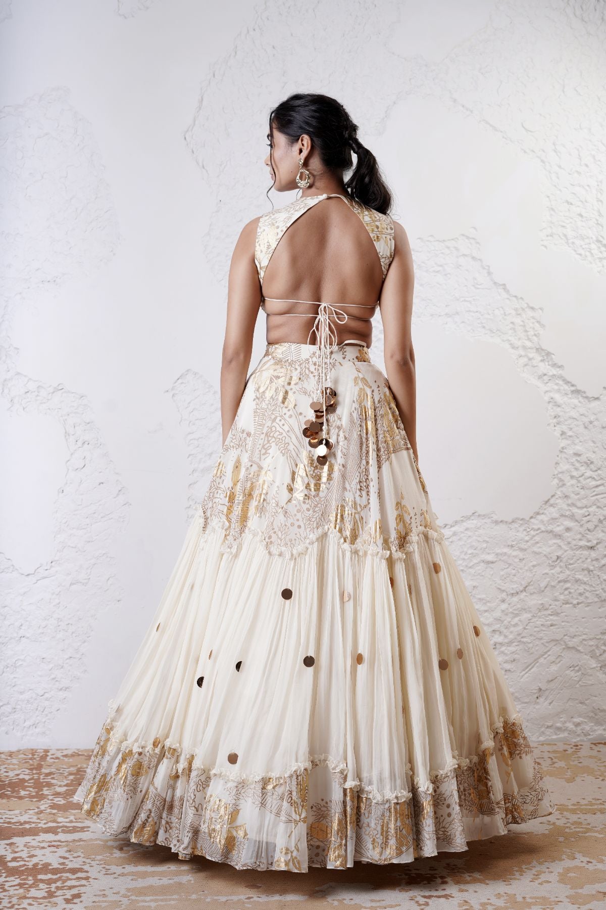 Tiered Wave Lehenga with Incut Blouse and Foil Dupatta