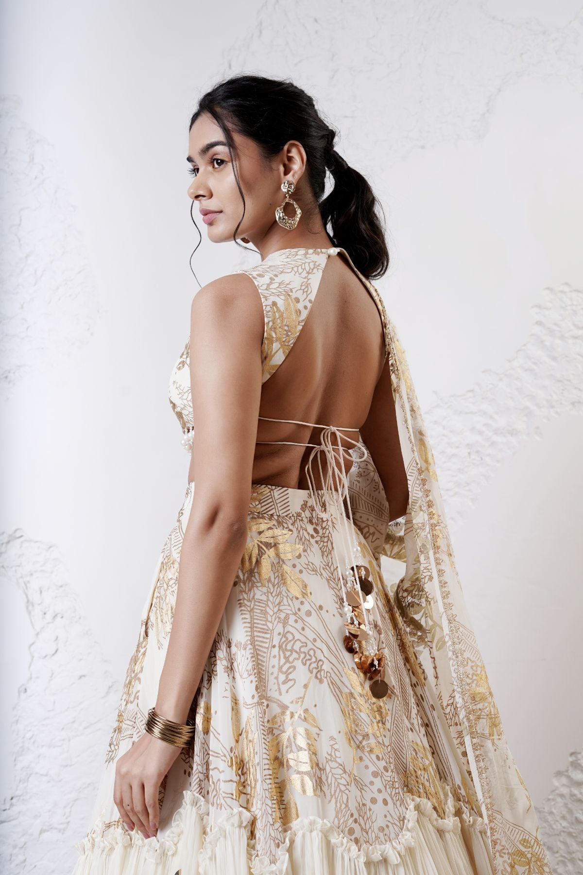 Tiered Wave Lehenga with Incut Blouse and Foil Dupatta