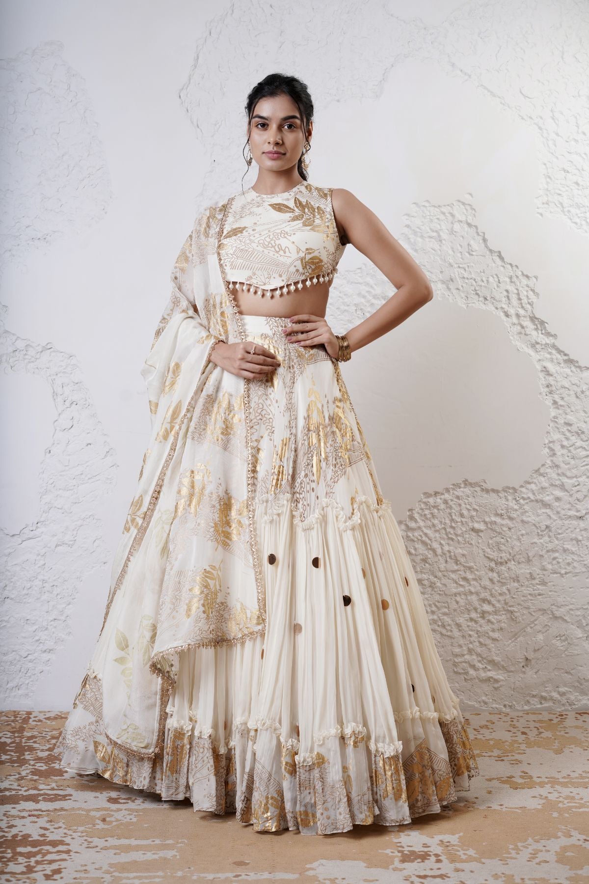 Tiered Wave Lehenga with Incut Blouse and Foil Dupatta