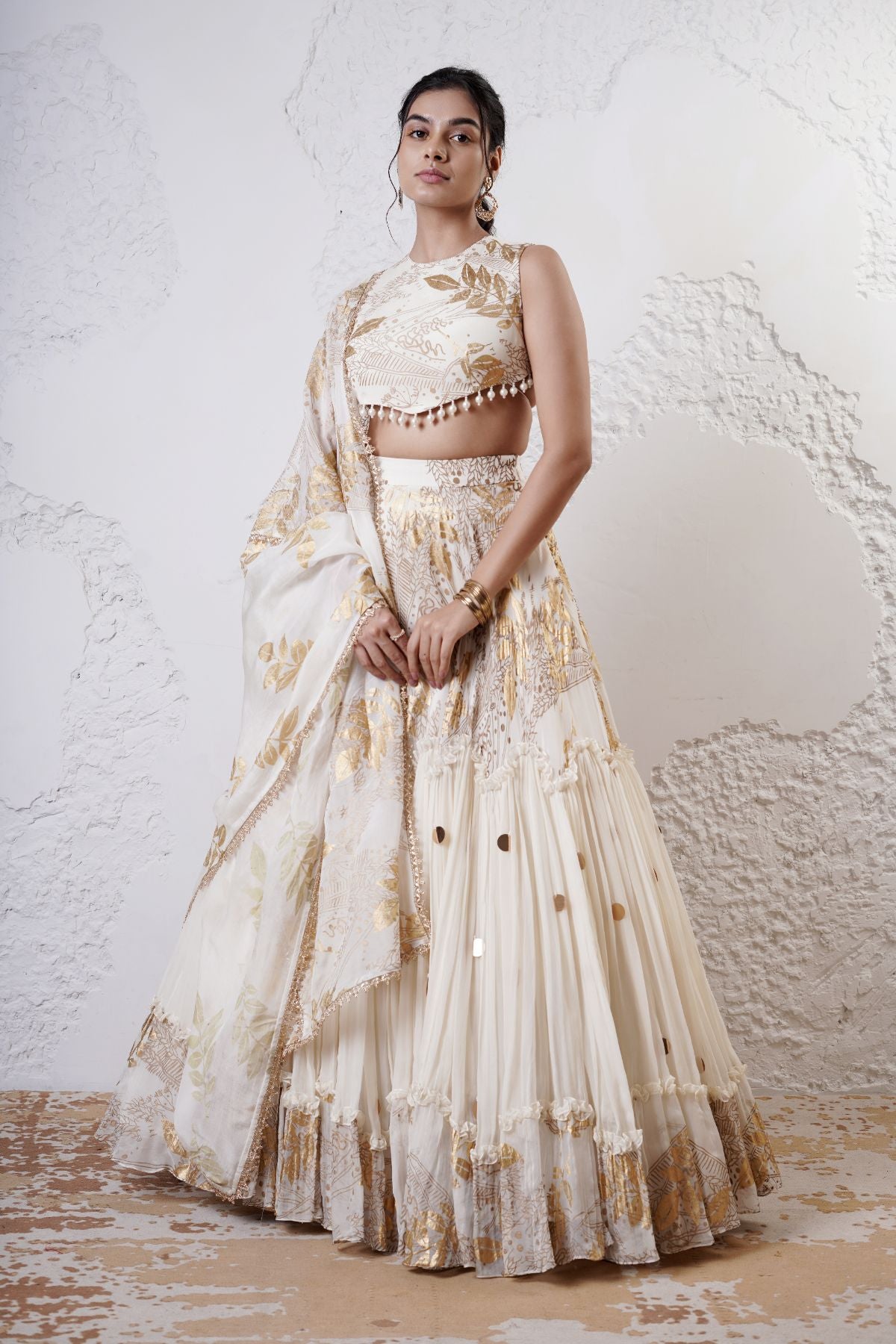 Tiered Wave Lehenga with Incut Blouse and Foil Dupatta