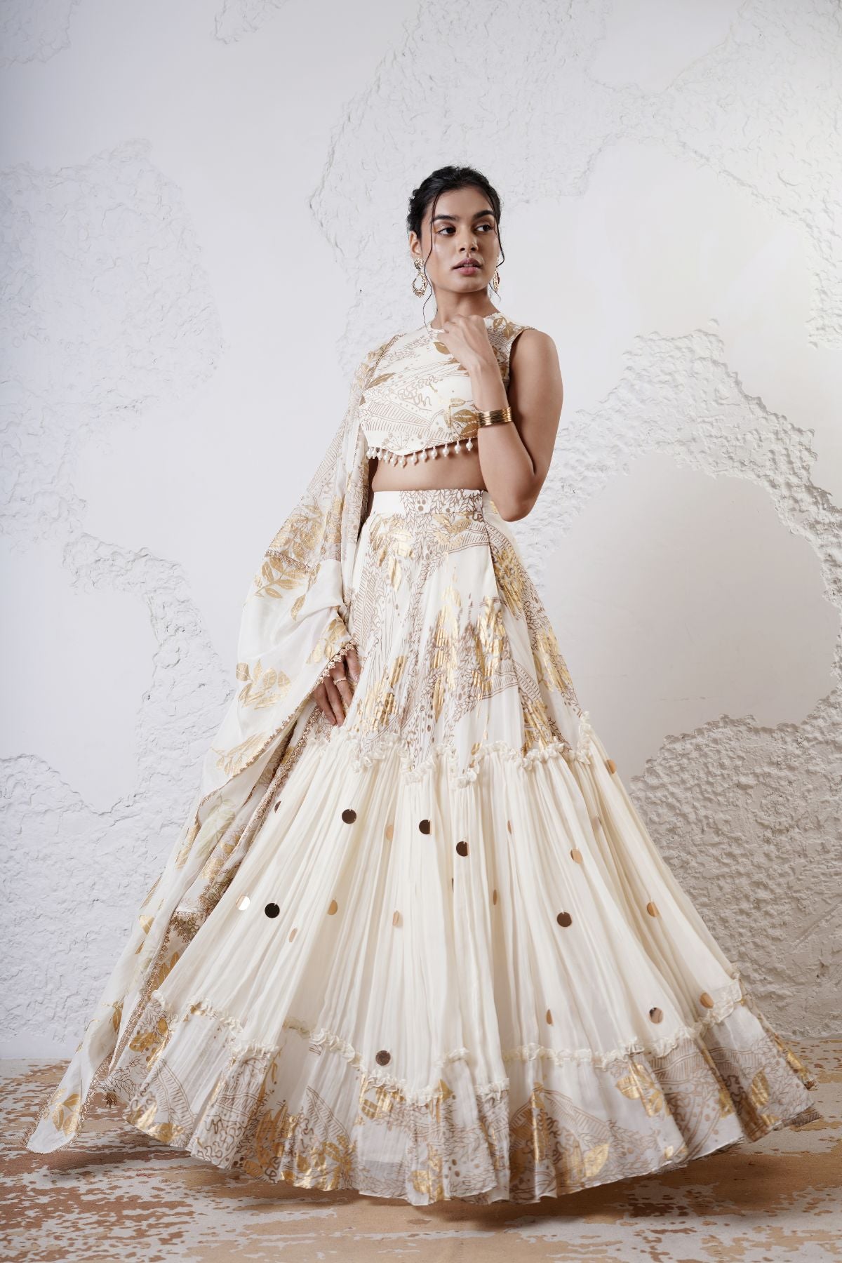 Tiered Wave Lehenga with Incut Blouse and Foil Dupatta