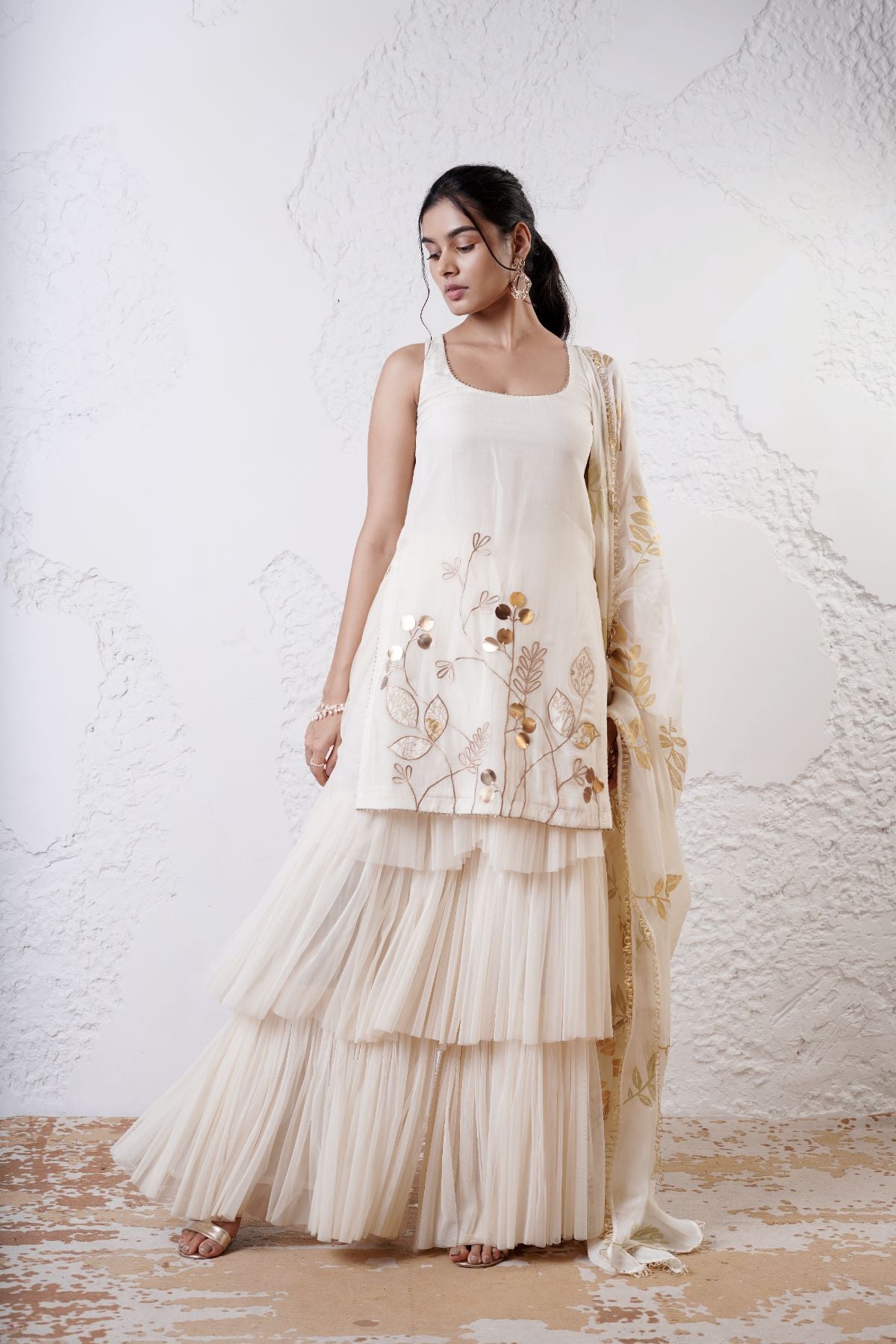 Embroidered Short Kurta with Layered Tuelle Sharara and Foil Dupatta