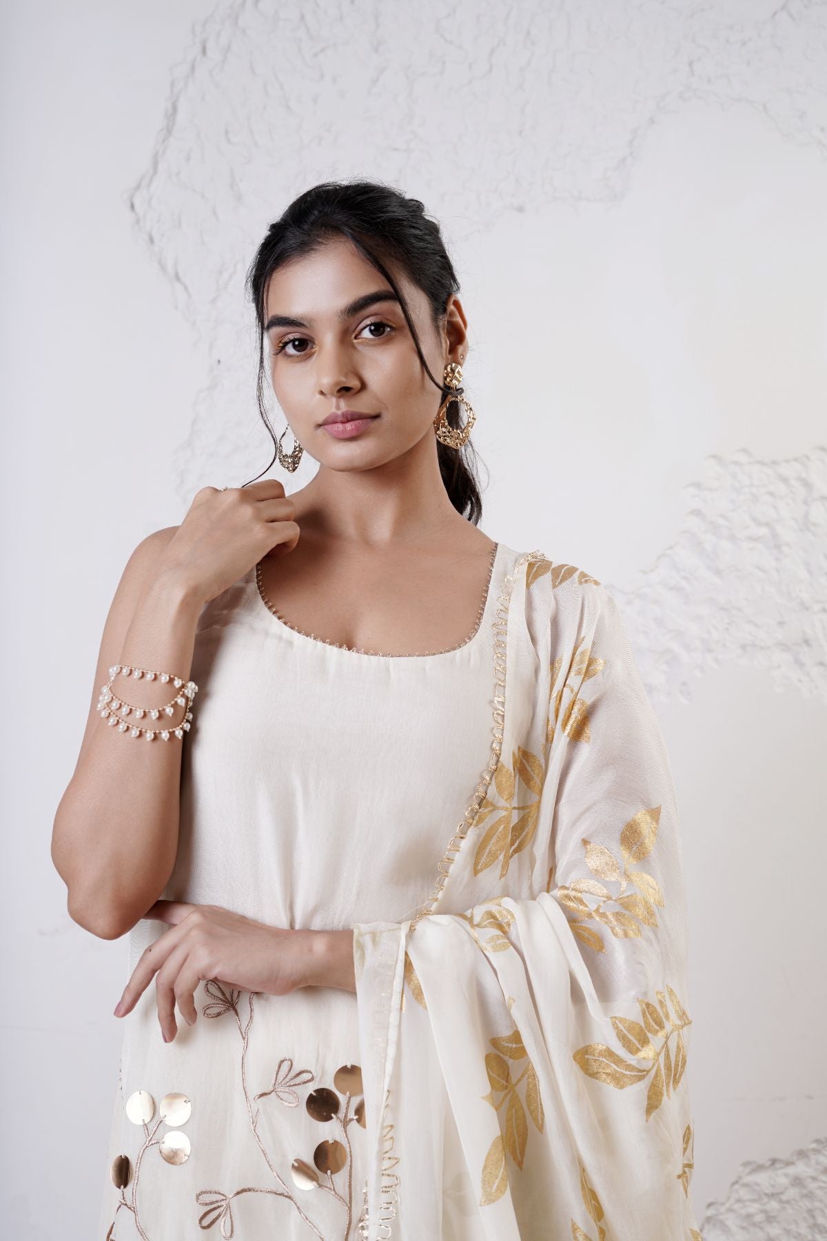 Embroidered Short Kurta with Layered Tuelle Sharara and Foil Dupatta