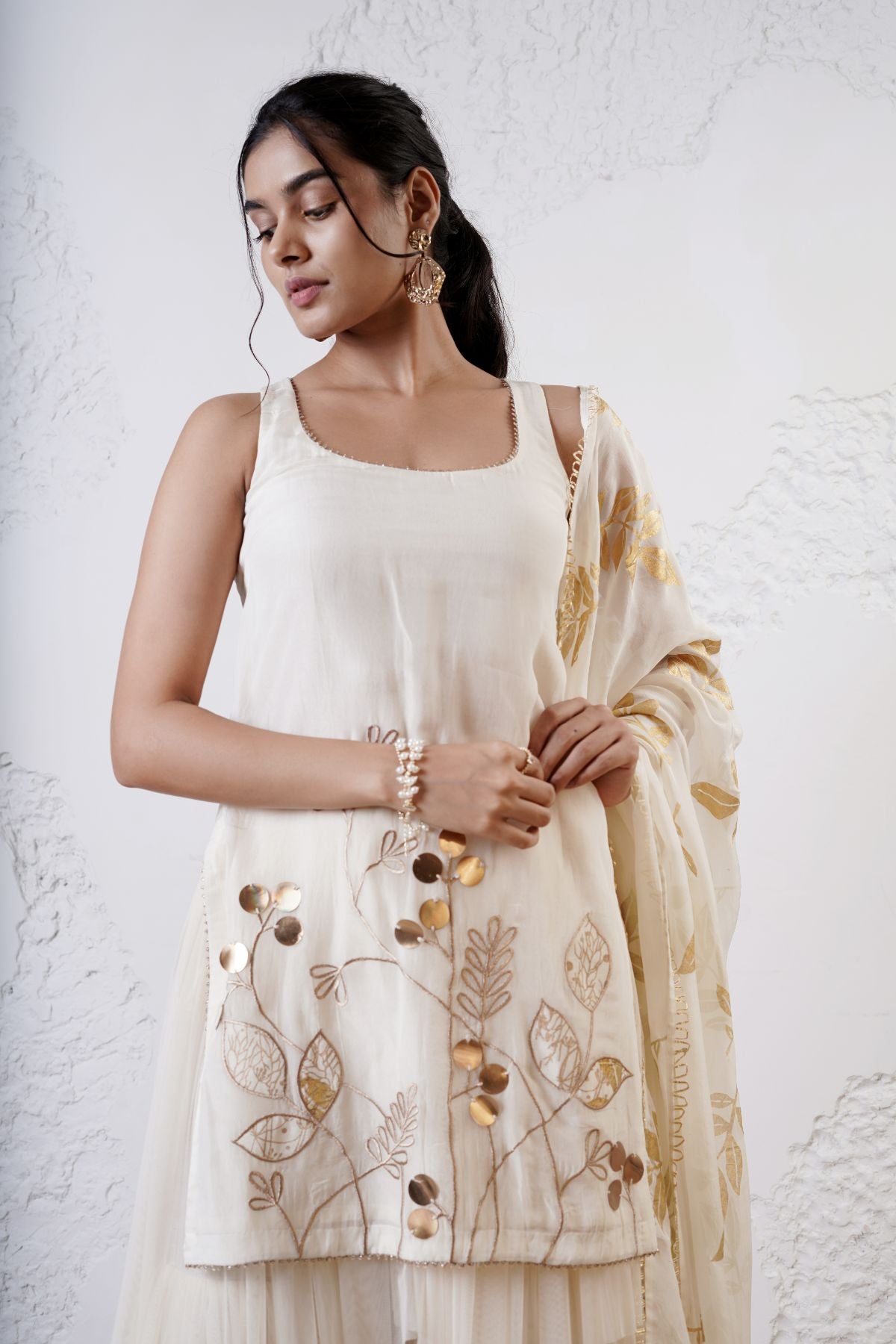 Embroidered Short Kurta with Layered Tuelle Sharara and Foil Dupatta