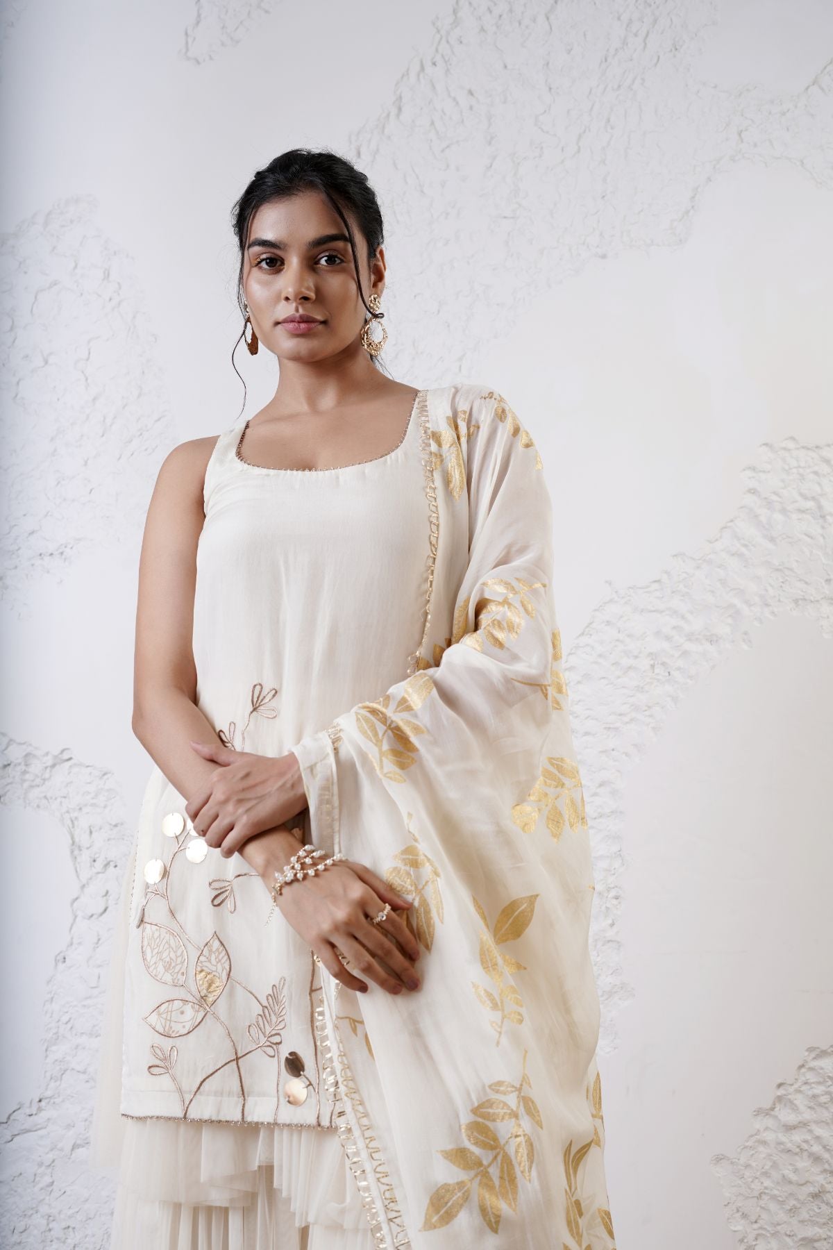 Embroidered Short Kurta with Layered Tuelle Sharara and Foil Dupatta