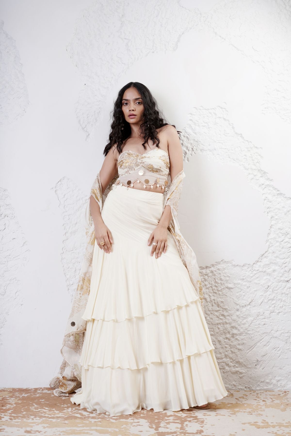 Layered Lehenga with Foil Ruvhed Bustier and Foil Cape