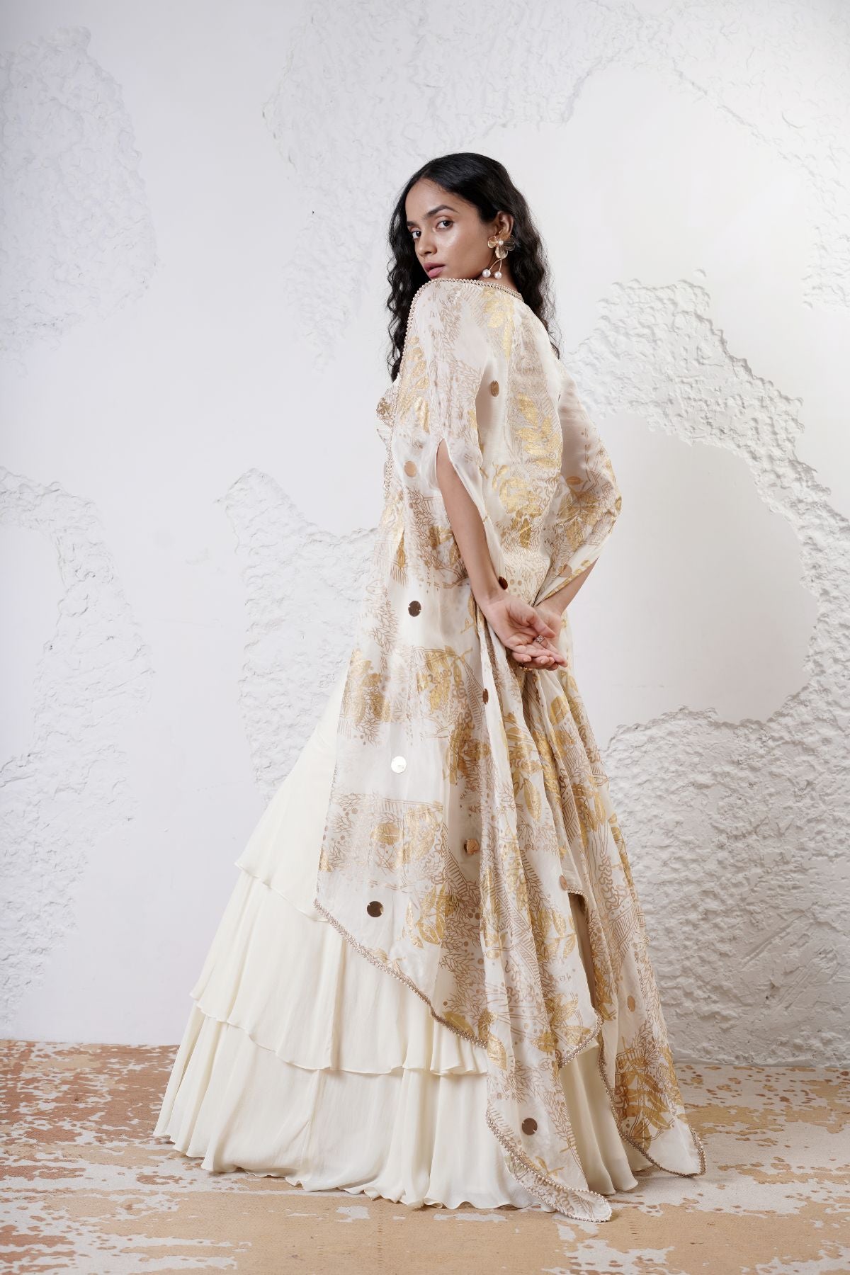 Layered Lehenga with Foil Ruvhed Bustier and Foil Cape