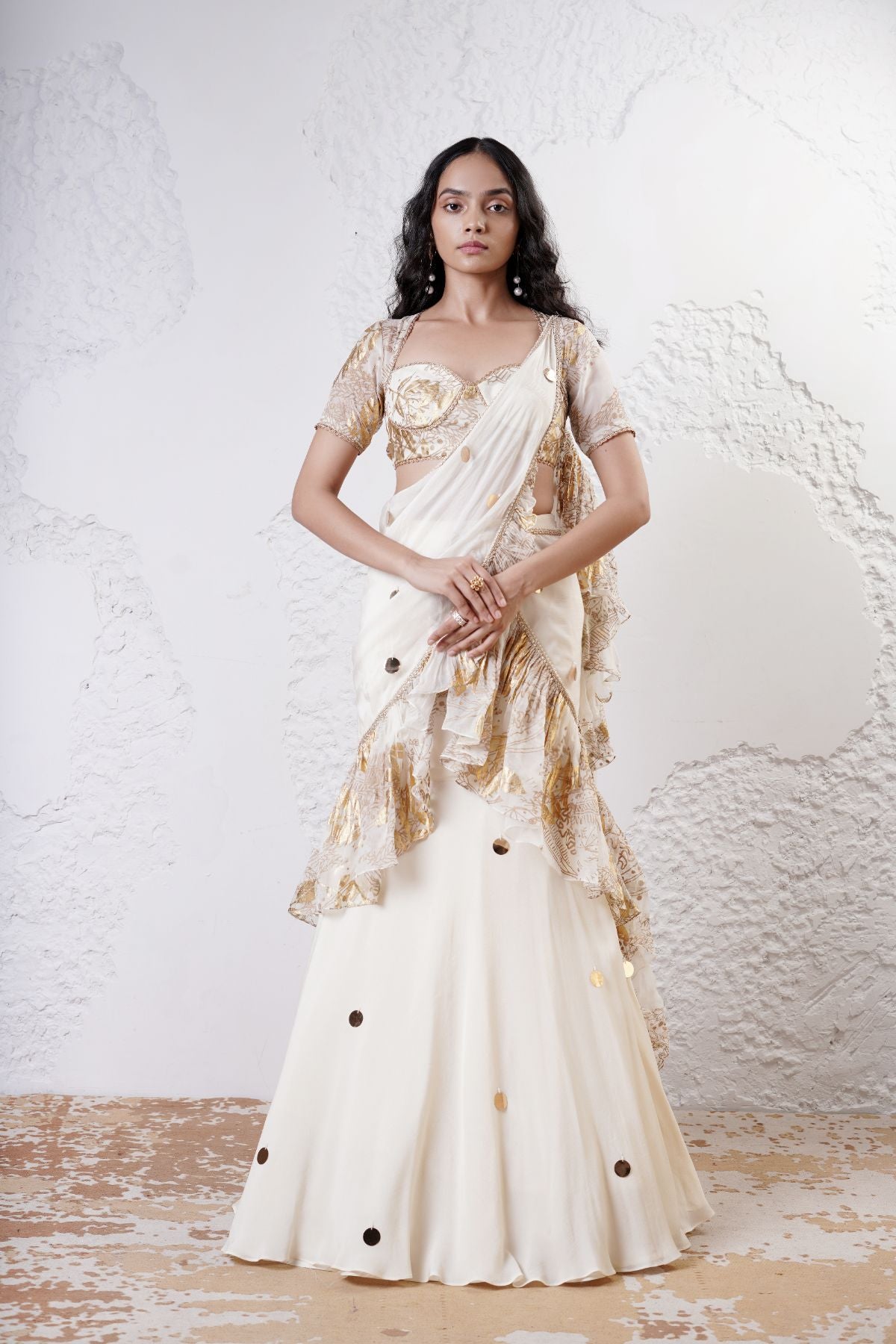 Ruffled Drape Saree with Foil Choli