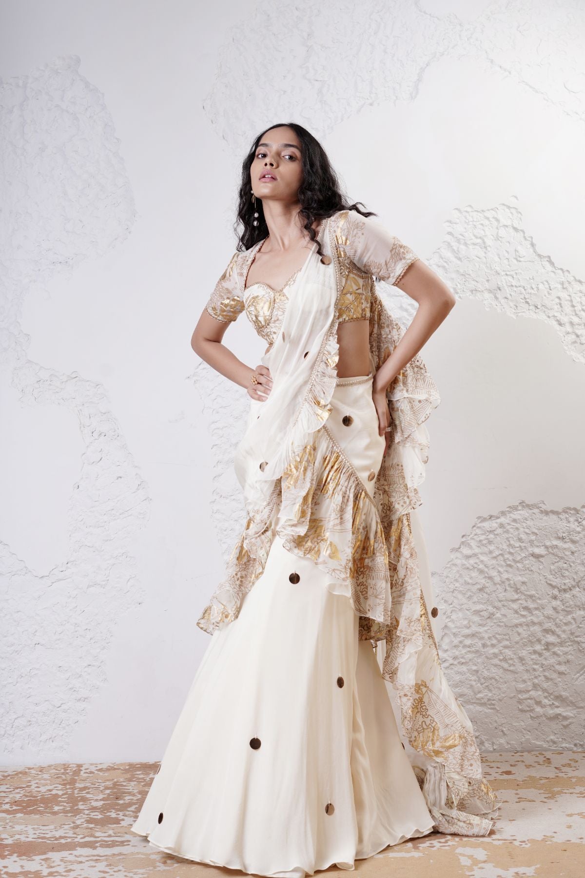 Ruffled Drape Saree with Foil Choli