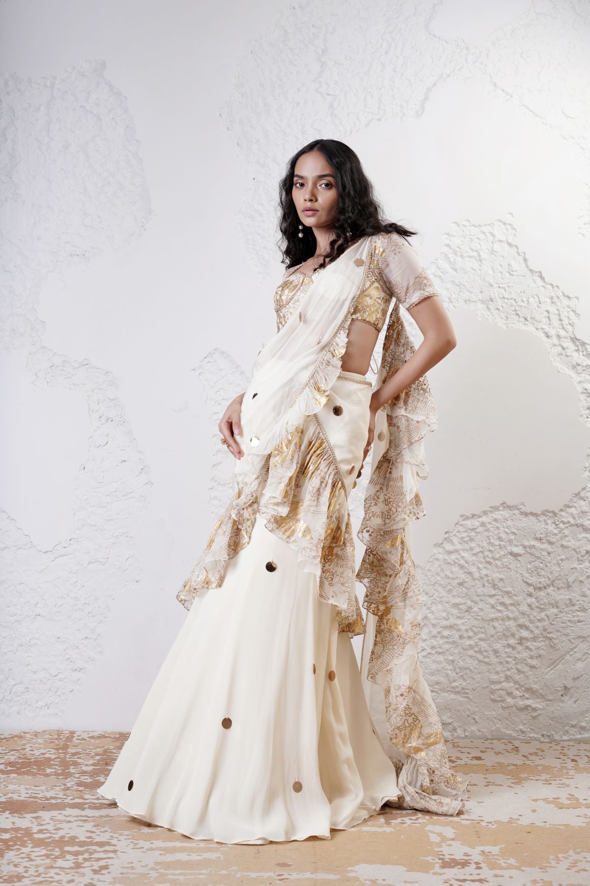 Ruffled Drape Saree with Foil Choli