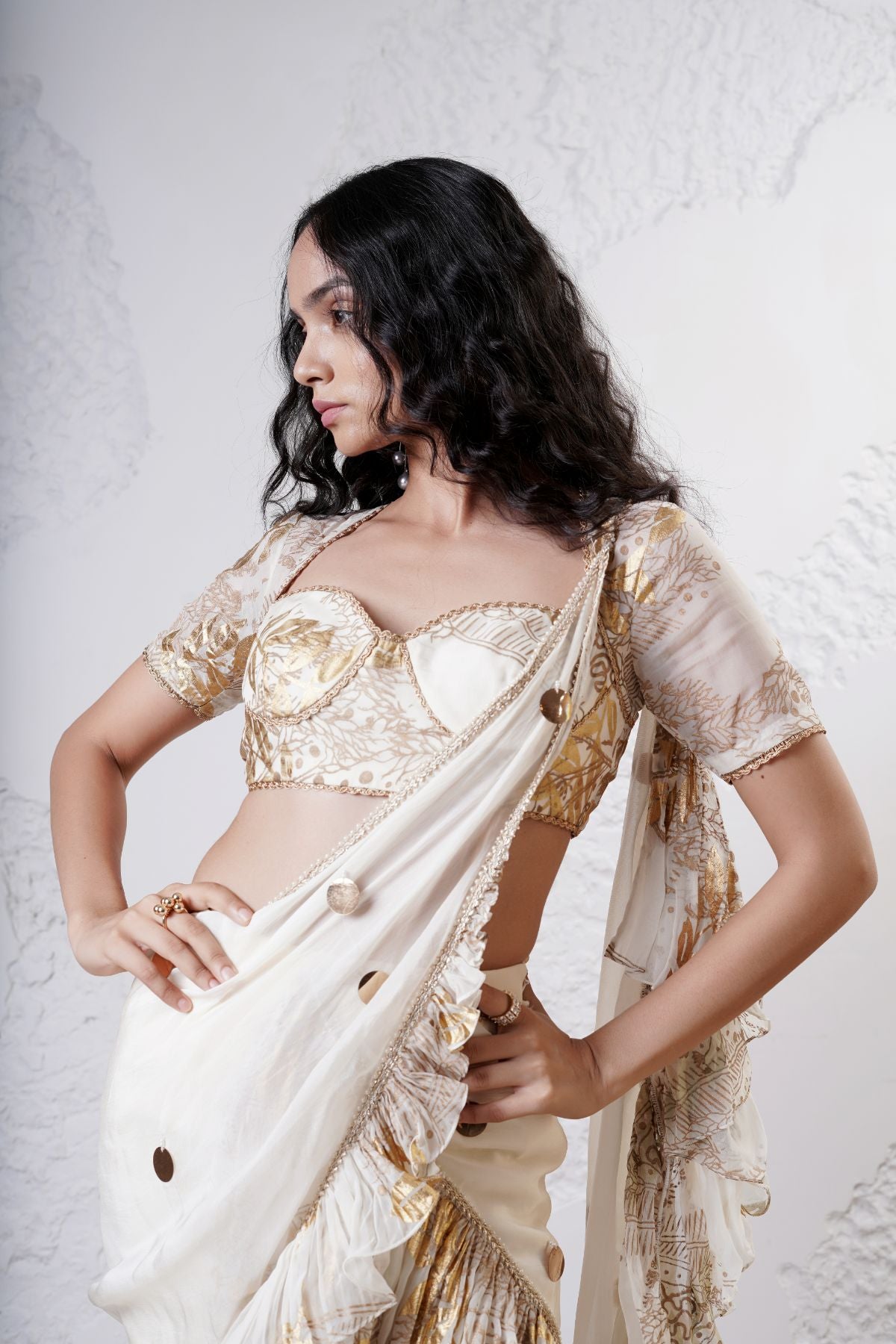 Ruffled Drape Saree with Foil Choli