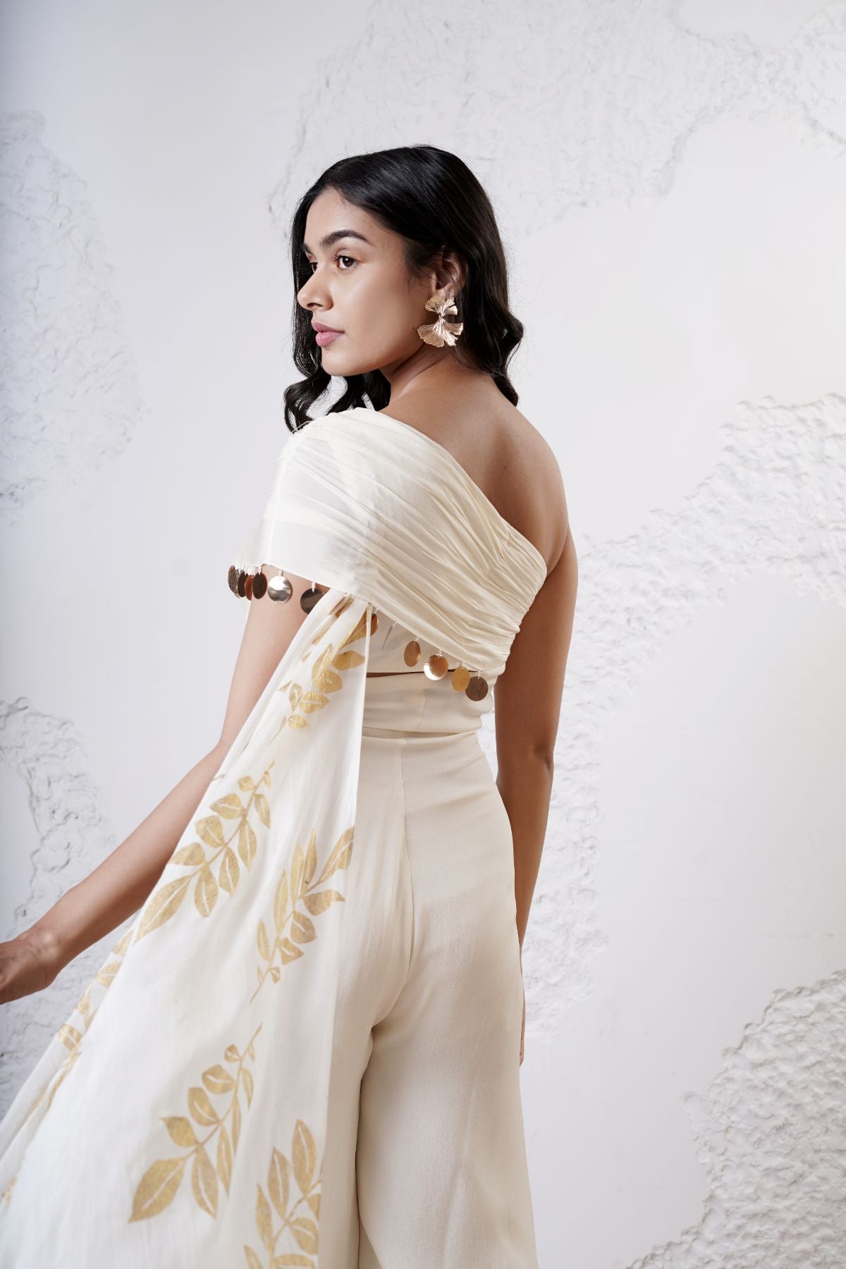 Draped Jumpsuit with Foil Printed Scarf Pallu