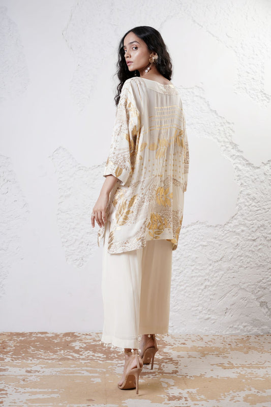 Foil Printed Straight Kaftan Kurta with Straight Beaded Pants