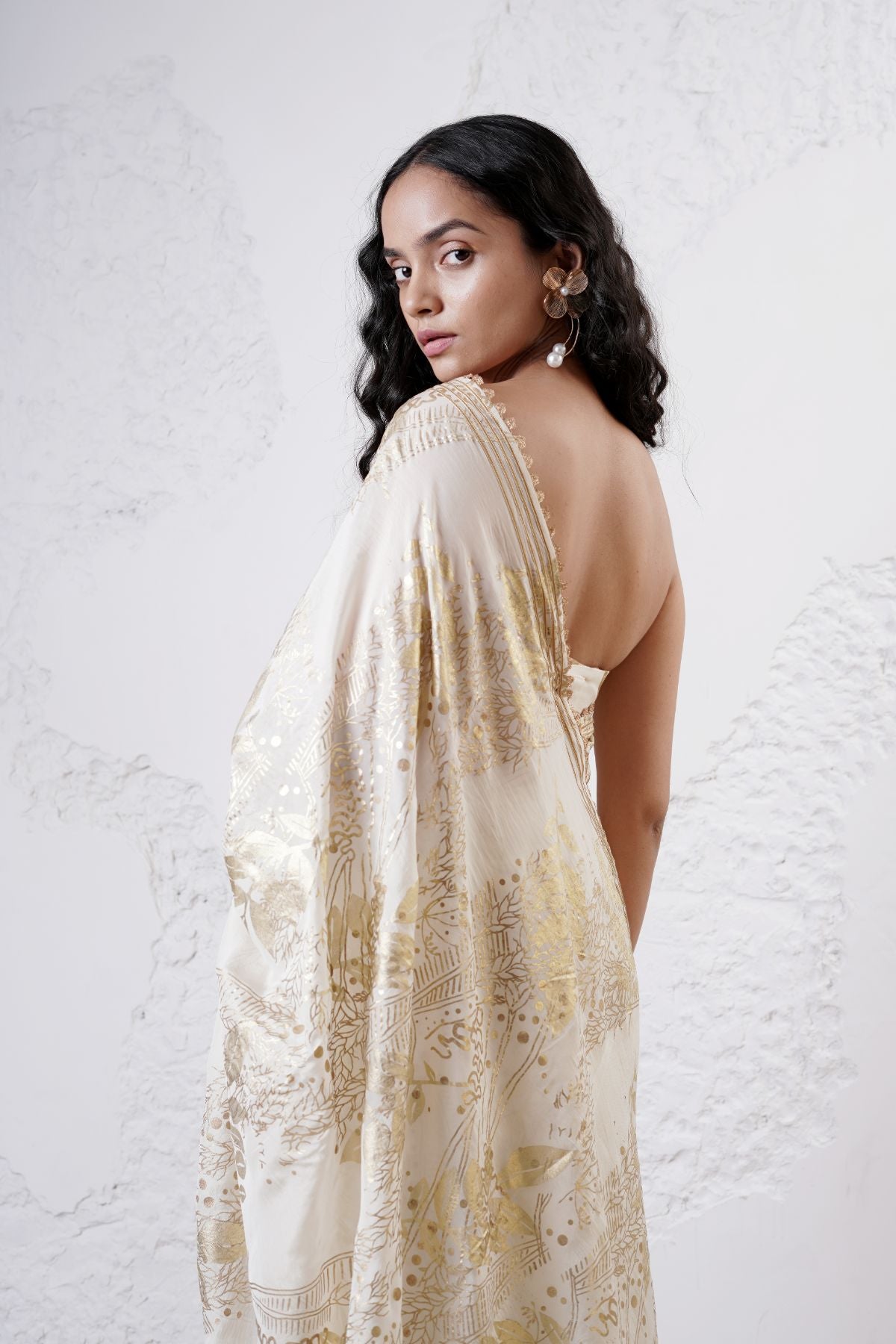 Foil Jaal Saree with Leaf Pleats Paired with a Ruched Bustier