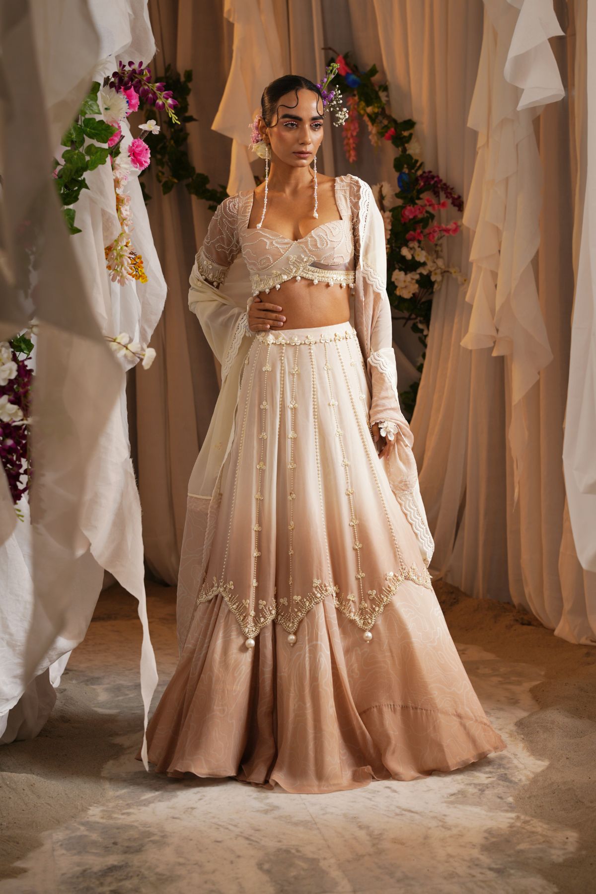 Pearl Embroidery Ombre Lehenga With Beaded Printed Blouse And Panelled Dupatta