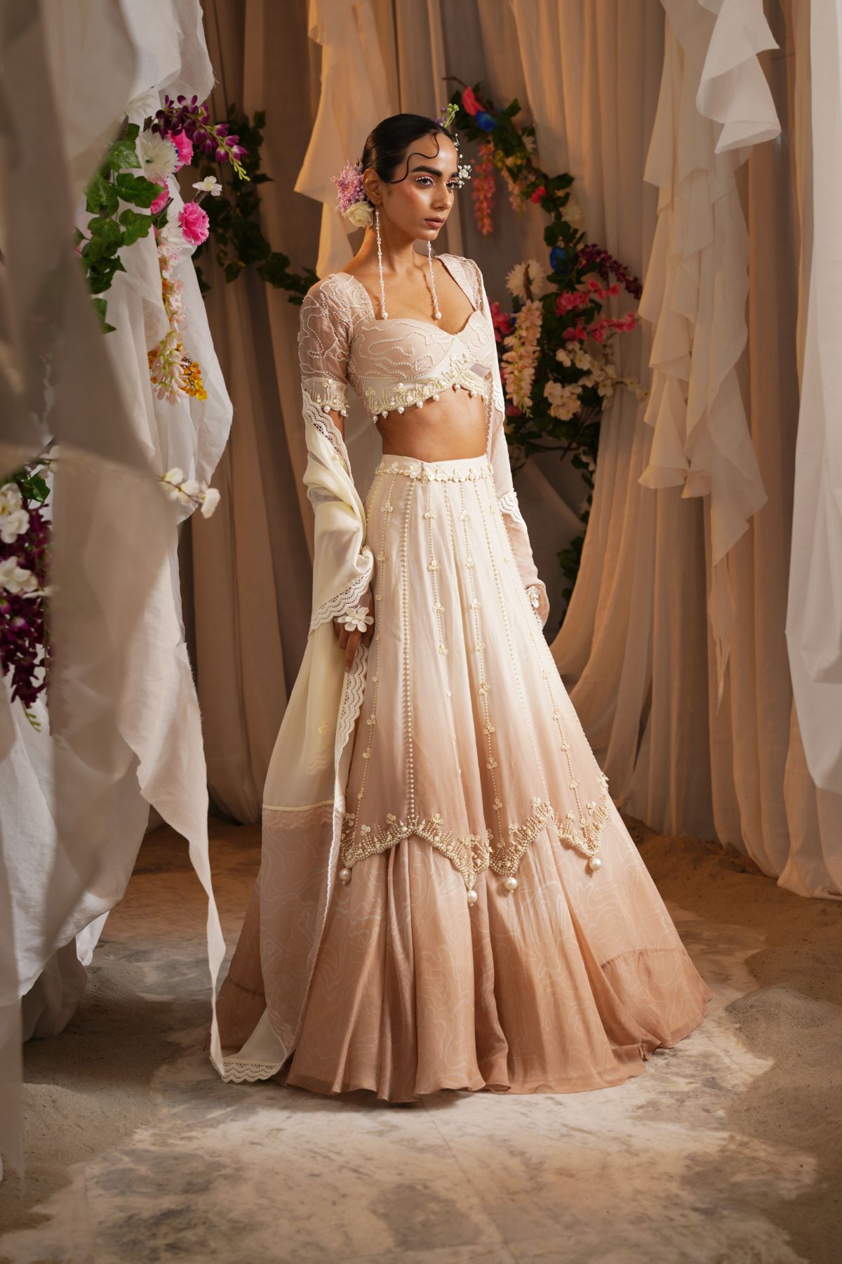 Pearl Embroidery Ombre Lehenga With Beaded Printed Blouse And Panelled Dupatta