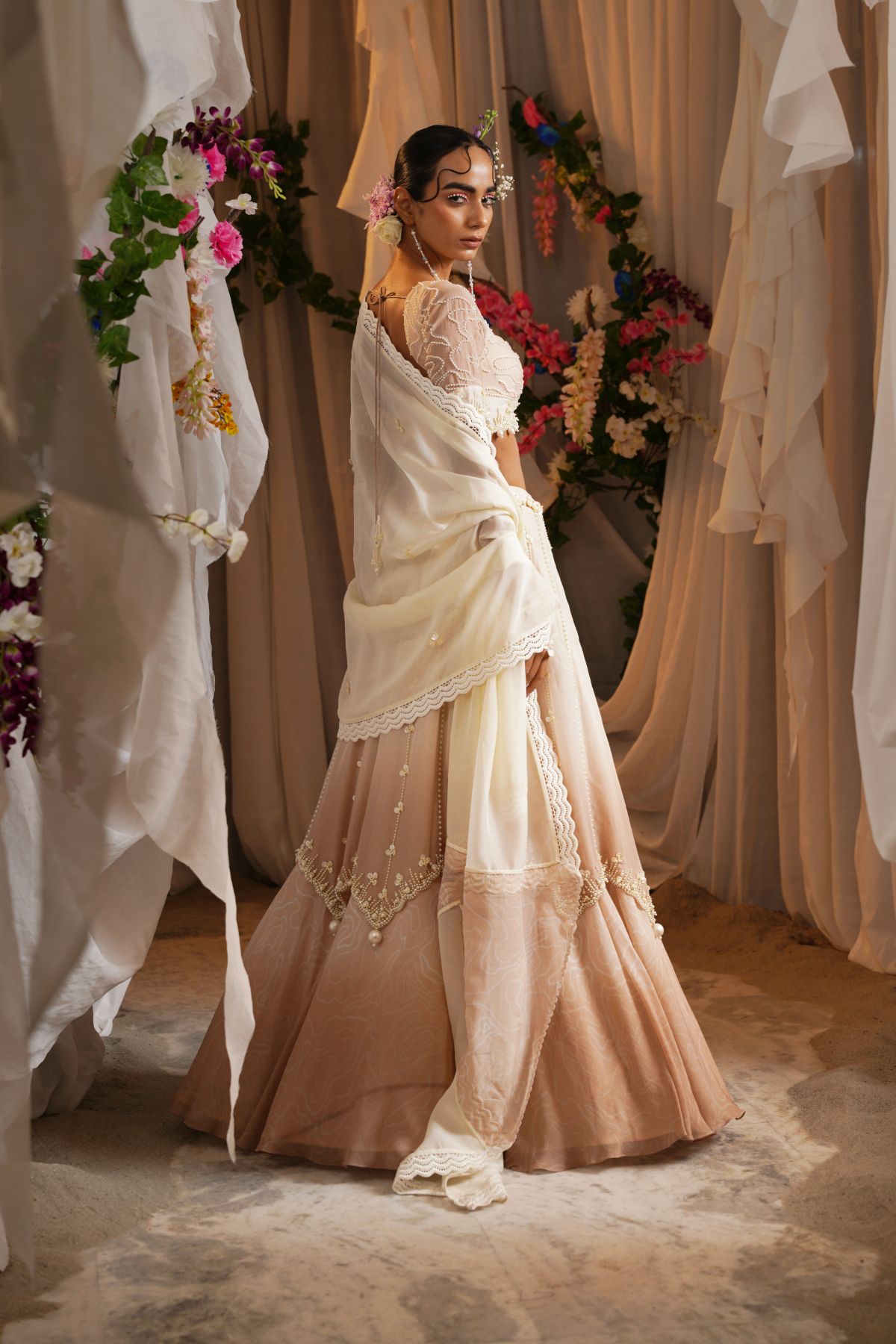 Pearl Embroidery Ombre Lehenga With Beaded Printed Blouse And Panelled Dupatta