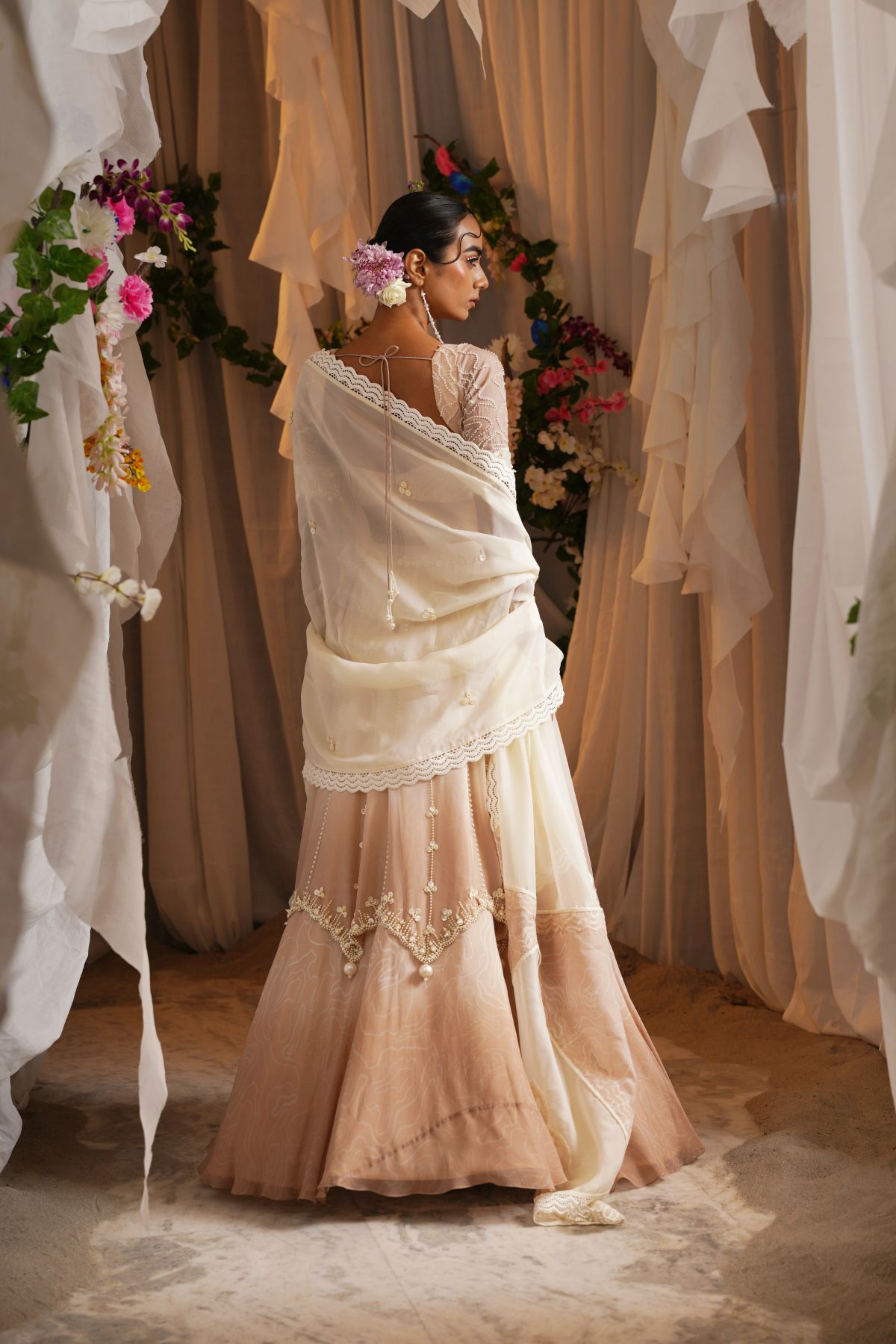 Pearl Embroidery Ombre Lehenga With Beaded Printed Blouse And Panelled Dupatta