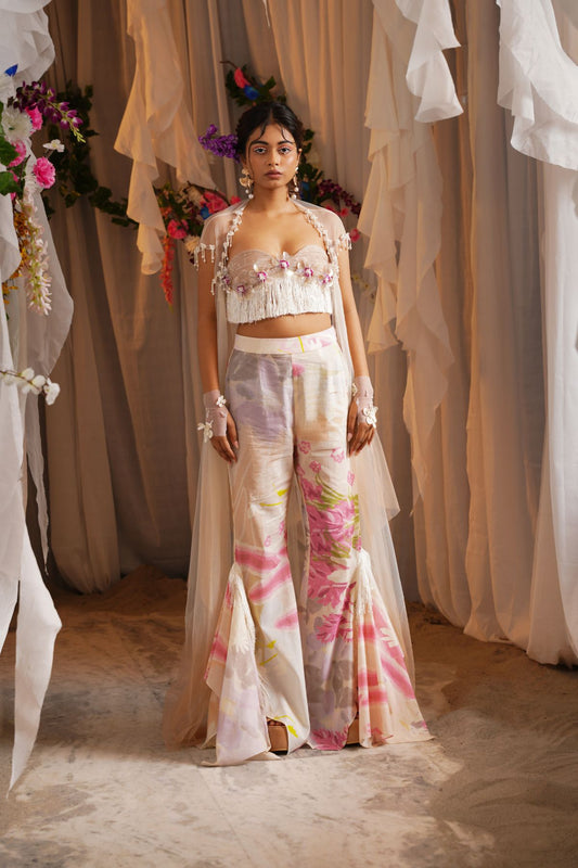 Ombre Draped Long Cape With Fring Bustier And Fish Pants