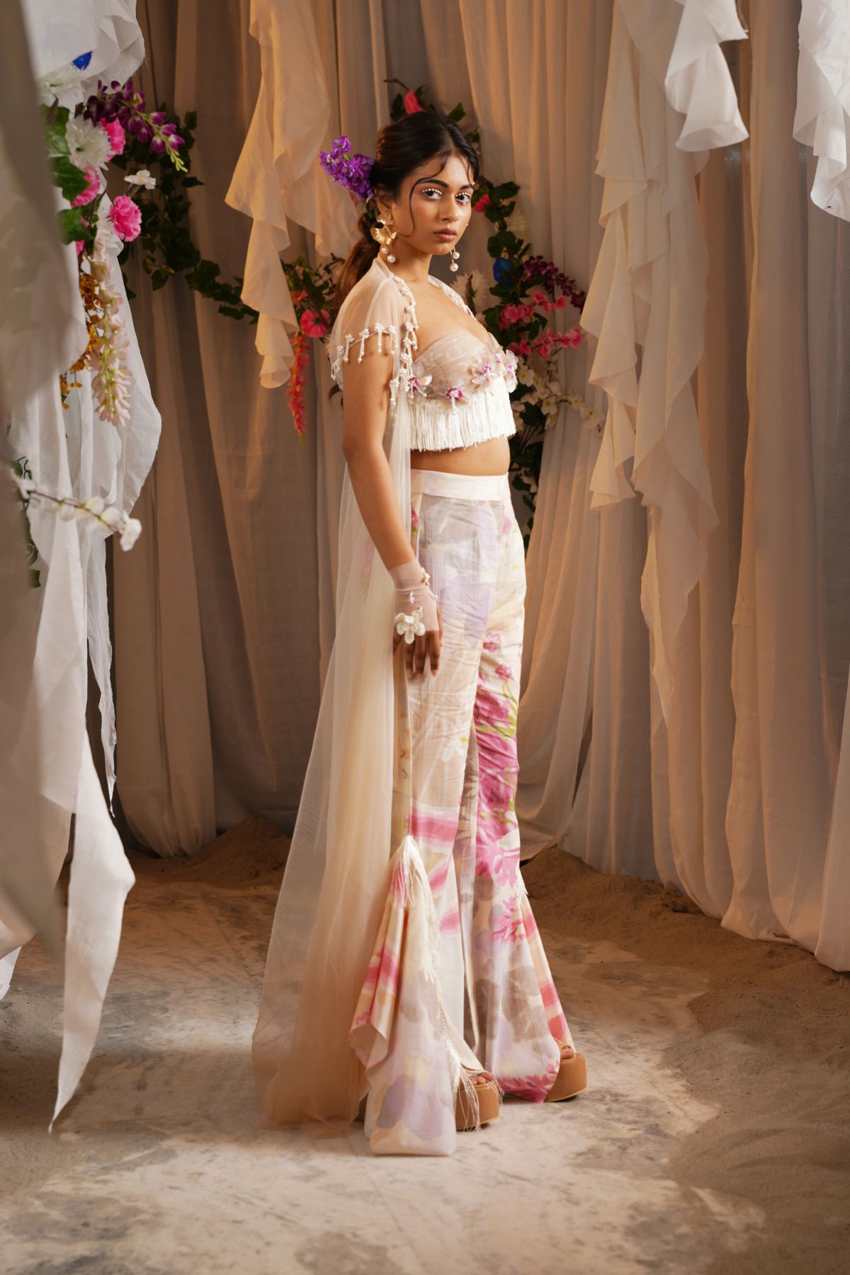 Ombre Draped Long Cape With Fring Bustier And Fish Pants