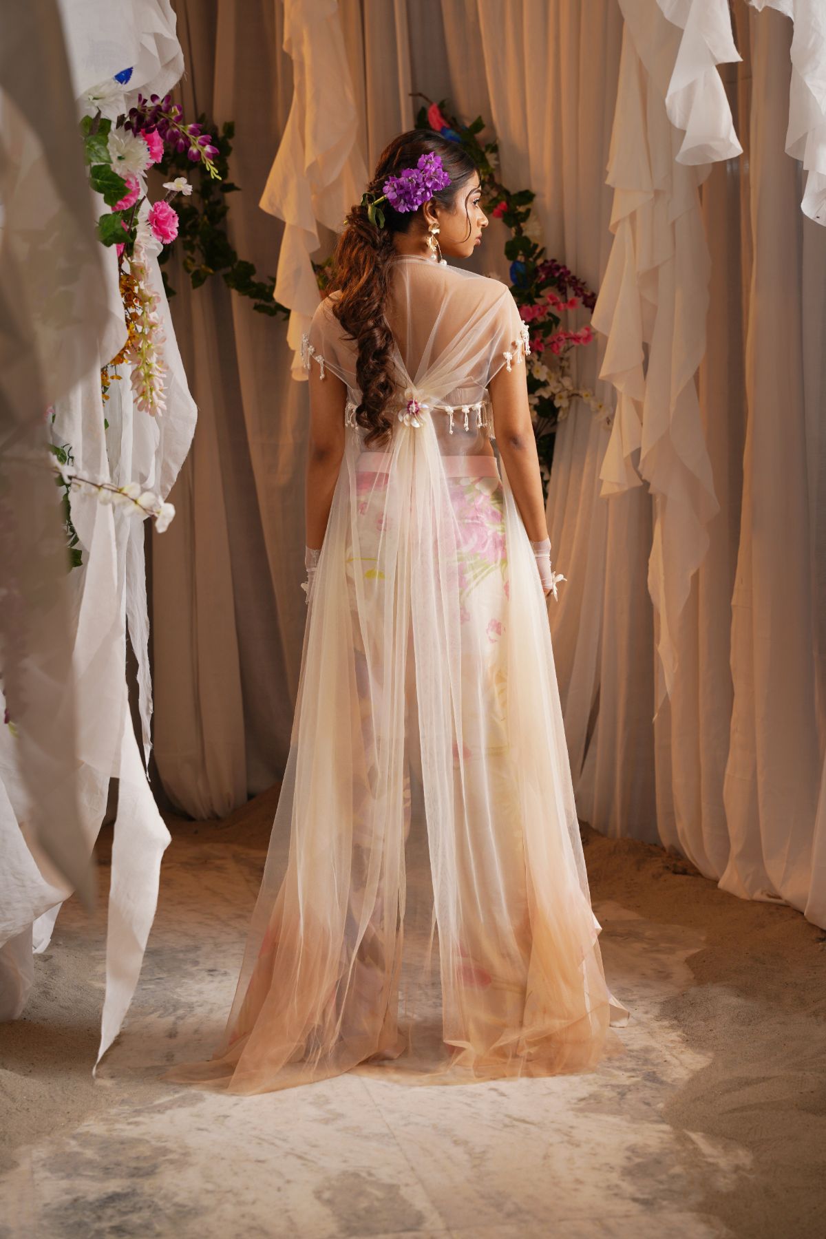 Ombre Draped Long Cape With Fring Bustier And Fish Pants