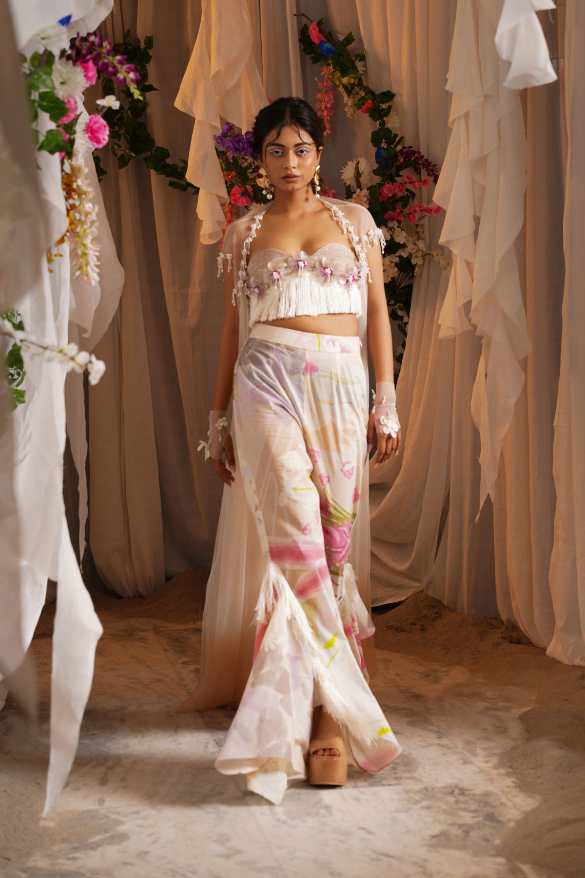 Ombre Draped Long Cape With Fring Bustier And Fish Pants