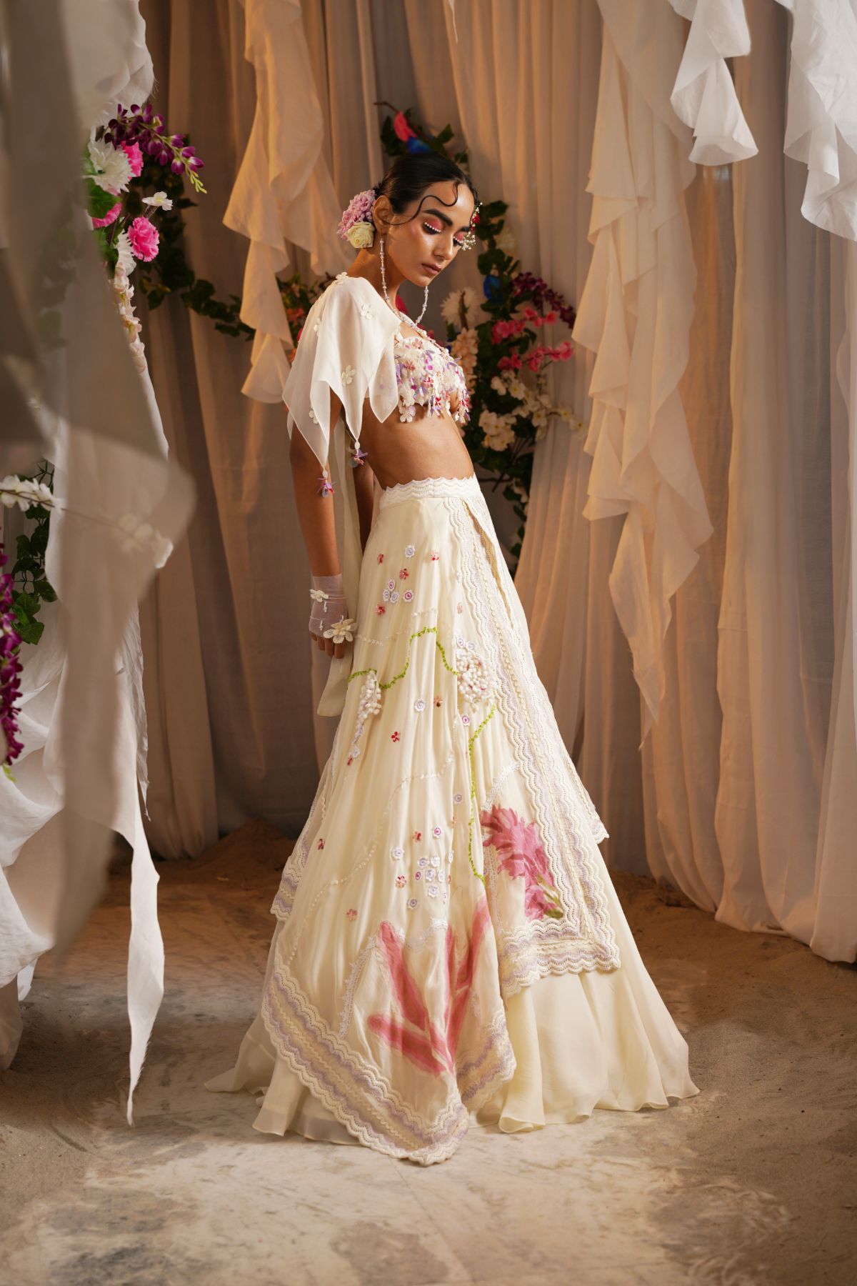 Overlap Scarf Lehenga With Dangling Bustier