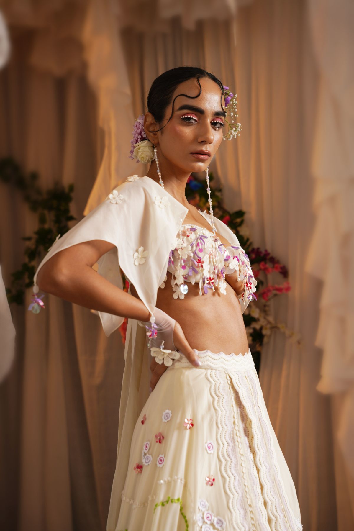 Overlap Scarf Lehenga With Dangling Bustier