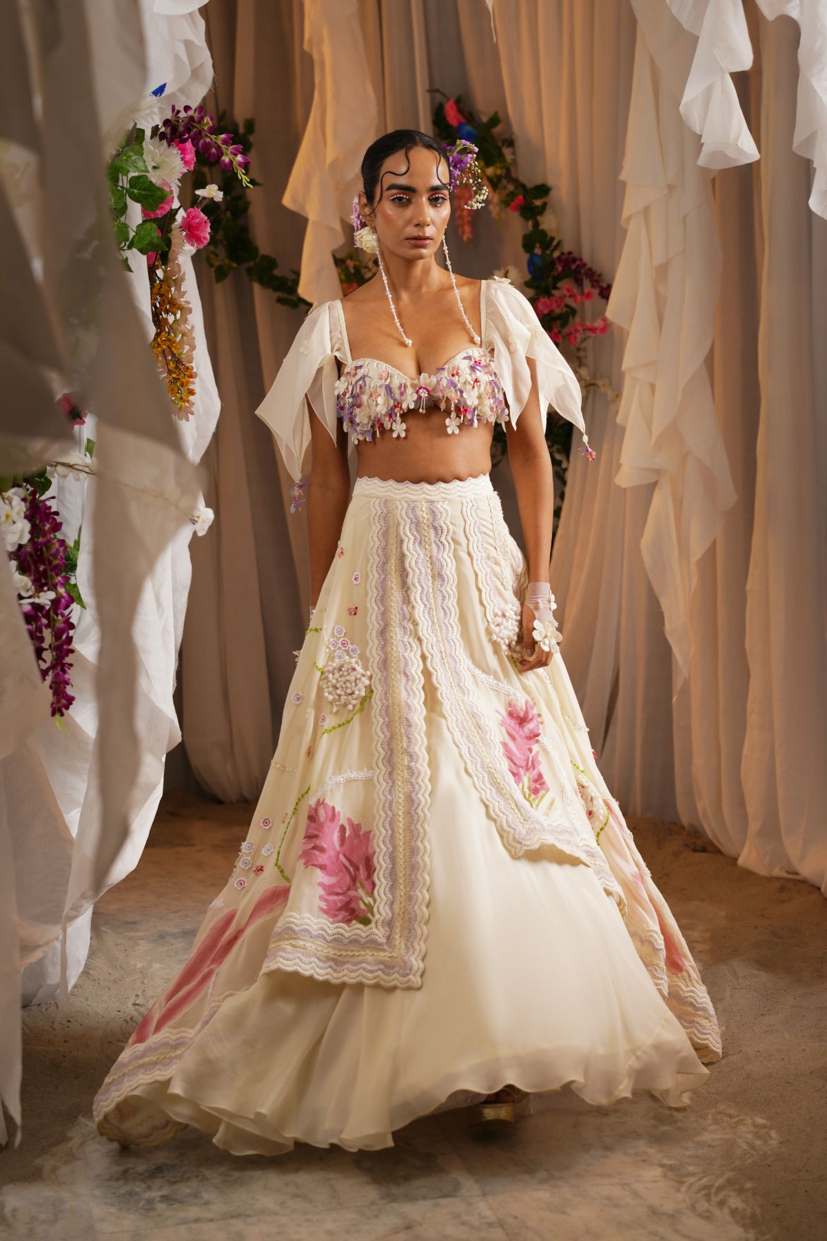 Overlap Scarf Lehenga With Dangling Bustier