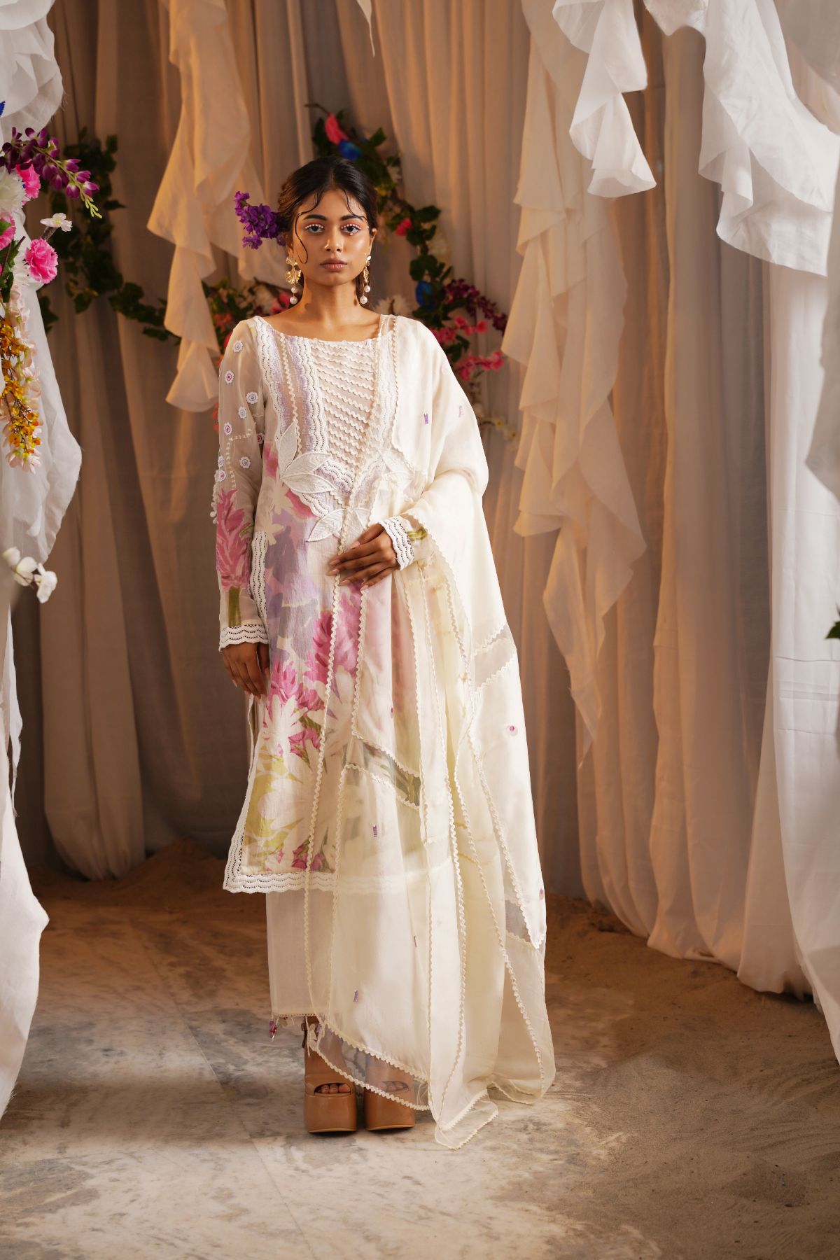 Vally Printed Kurta With Cropped Pants And Panelled Dupatta