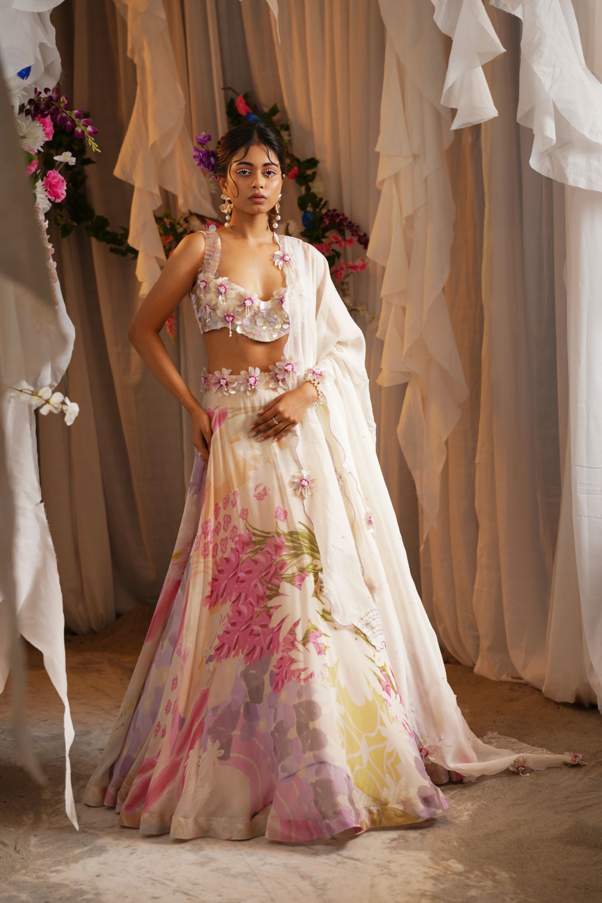 Garden Print Lehenga With Embroidered Blouse And Dupatta