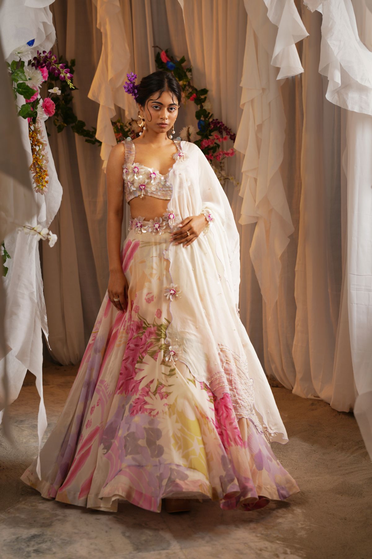 Garden Print Lehenga With Embroidered Blouse And Dupatta