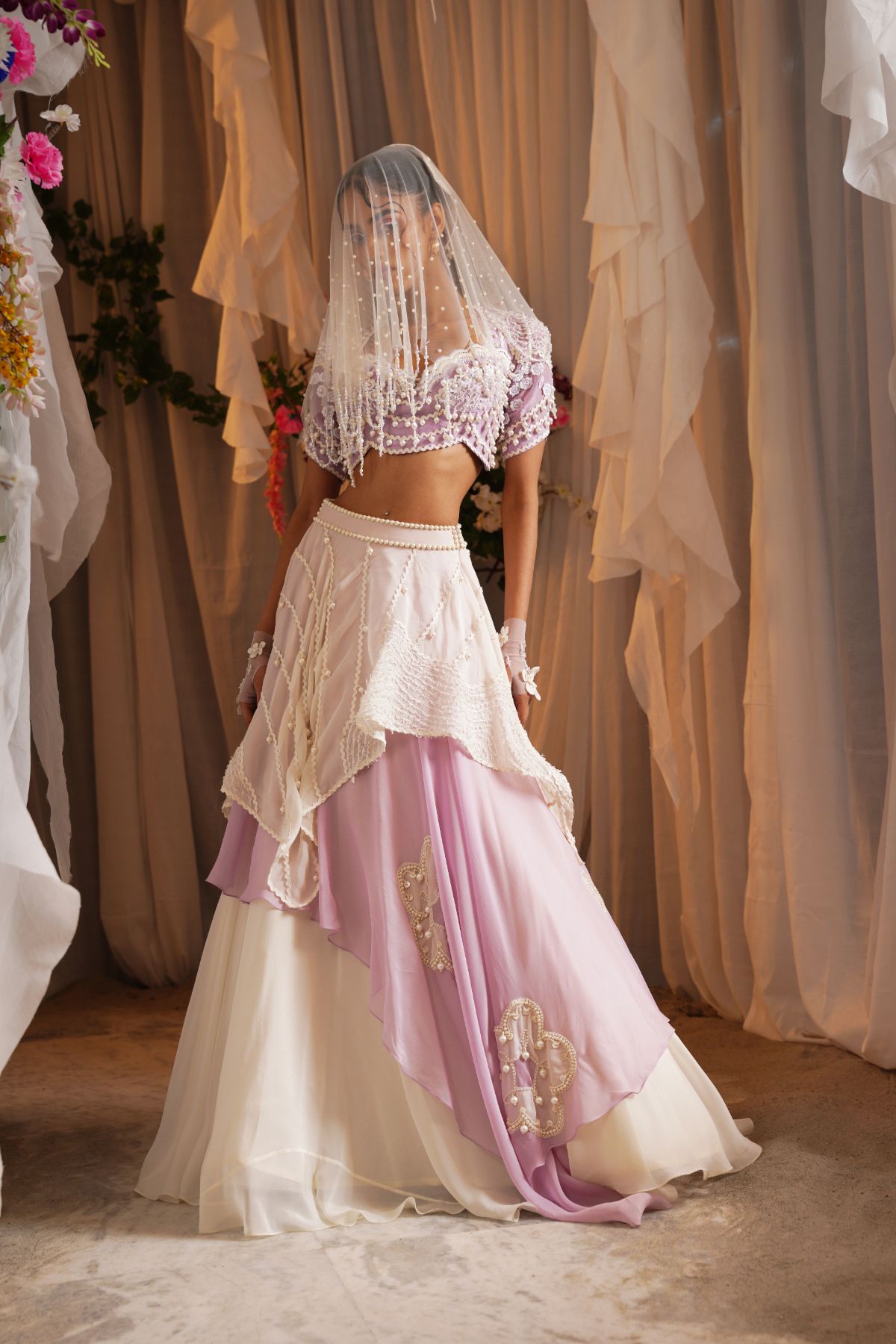 Layered Floret Scarf Lehenga With Embroidered Blouse And Dupatta