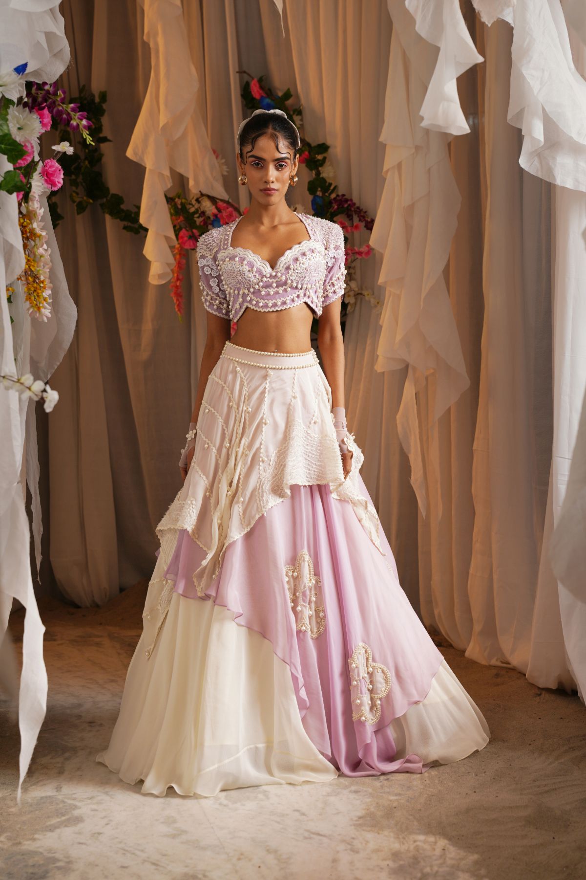 Layered Floret Scarf Lehenga With Embroidered Blouse And Dupatta