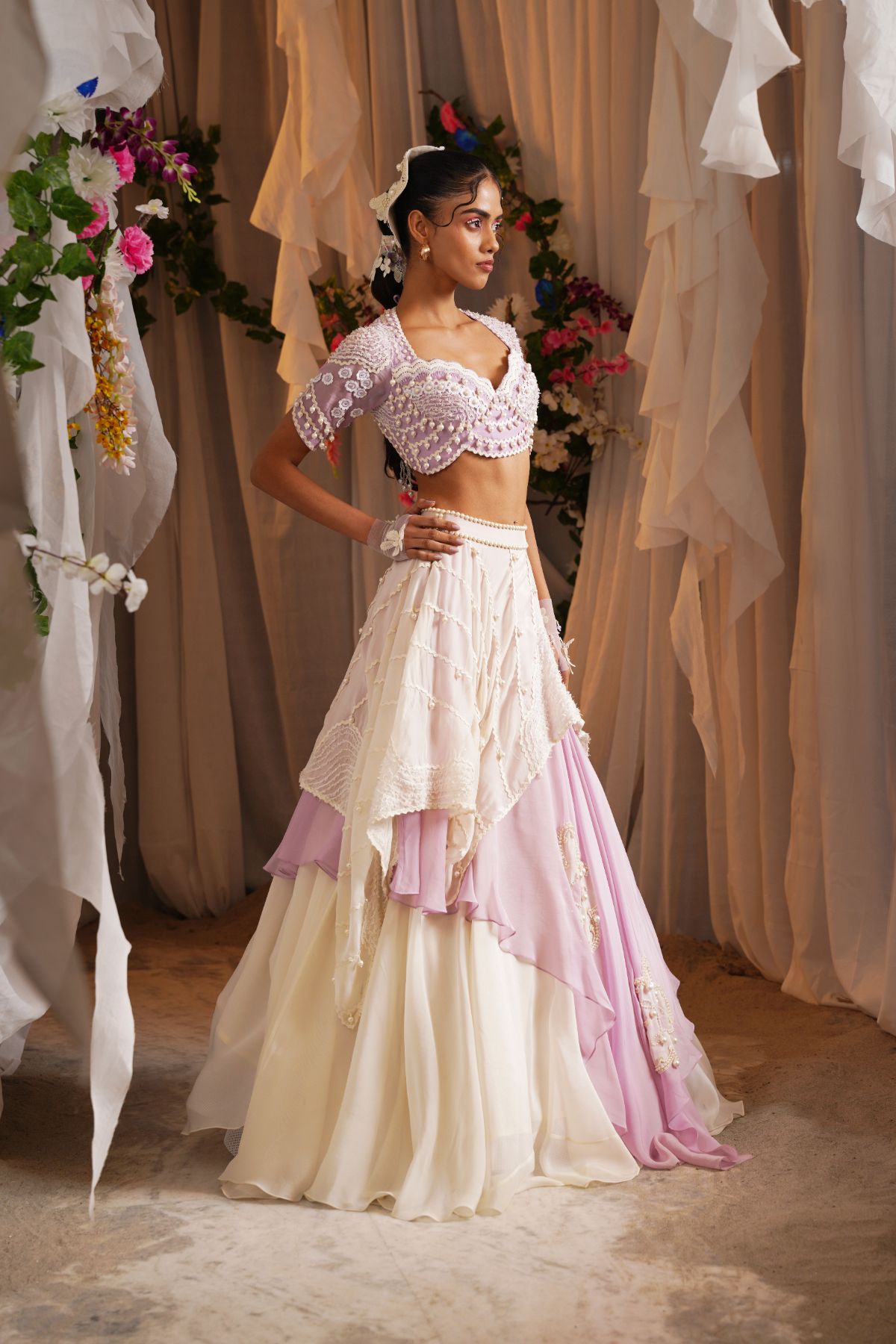 Layered Floret Scarf Lehenga With Embroidered Blouse And Dupatta