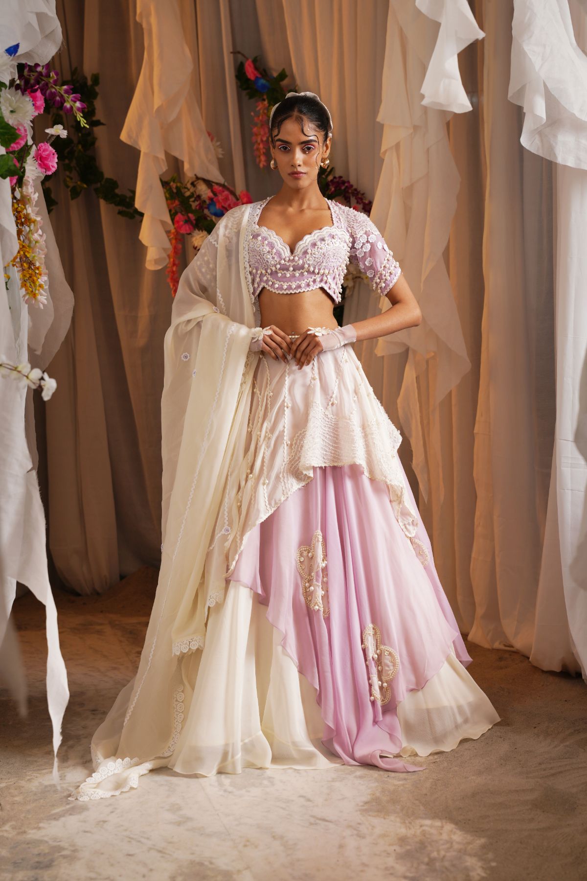 Layered Floret Scarf Lehenga With Embroidered Blouse And Dupatta