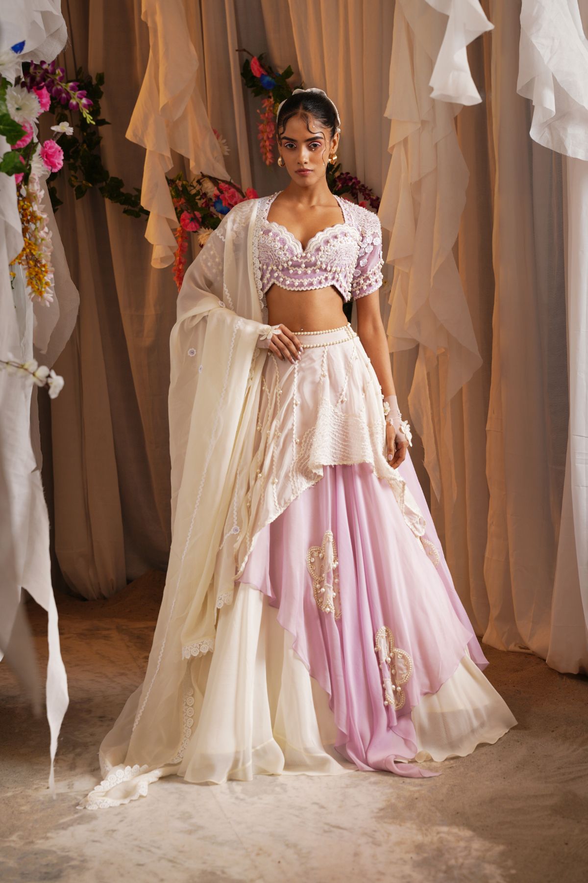 Layered Floret Scarf Lehenga With Embroidered Blouse And Dupatta